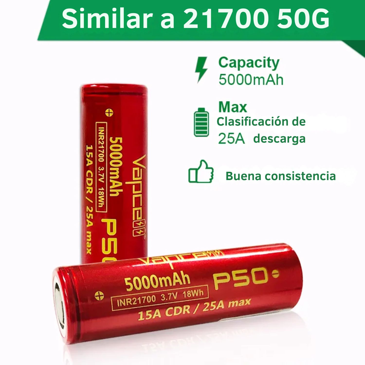BATERÍA RECARGABLE 21700 5000MAH LITIO ALTA DESCARGA PARA LINTERNAS Y HERRAMIENTAS - 5