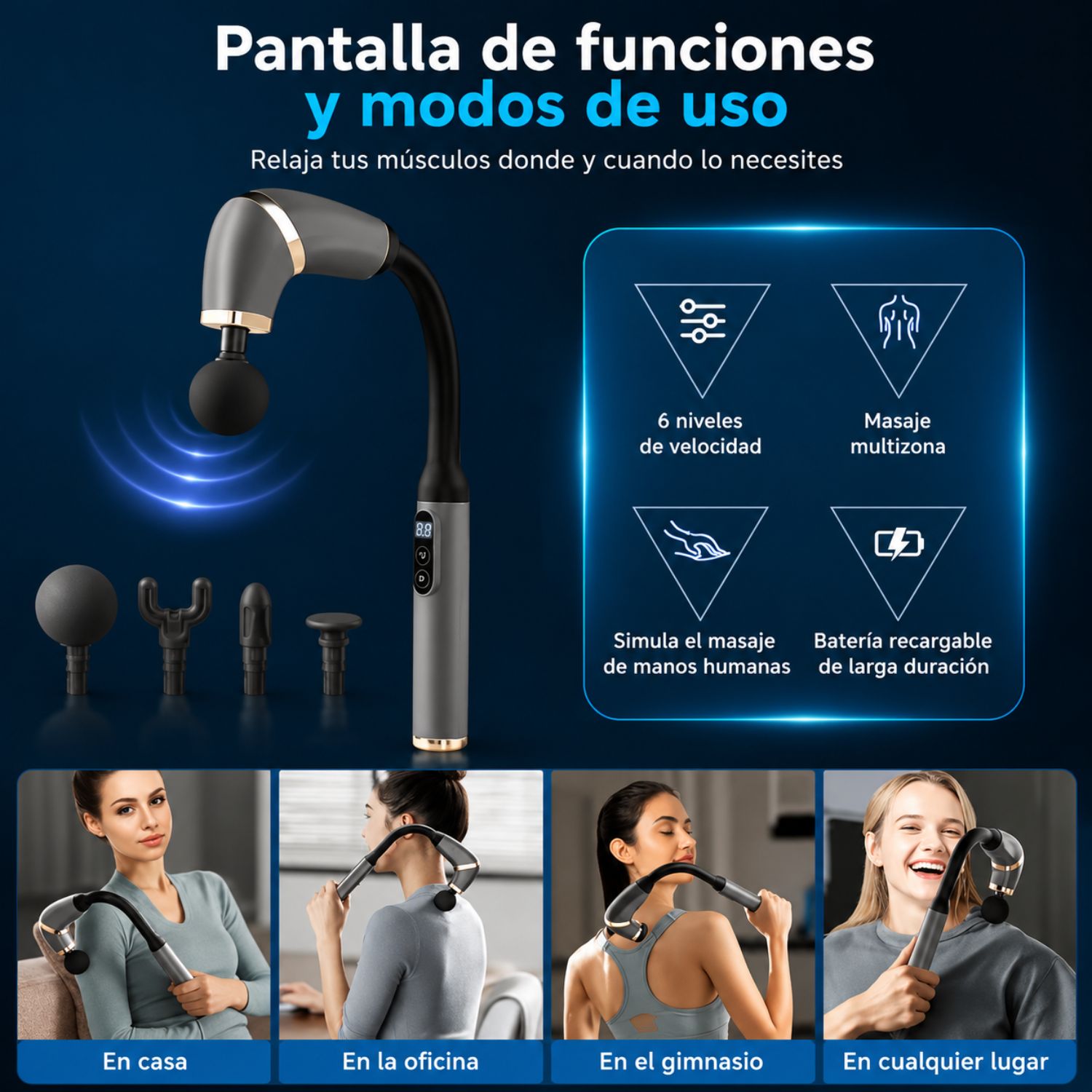 MASAJEADOR MUSCULAR DE TEJIDO PROFUNDO CON MANGO EXTENDIDO, 4 CABEZALES Y 6 VELOCIDADES GRIS - 2