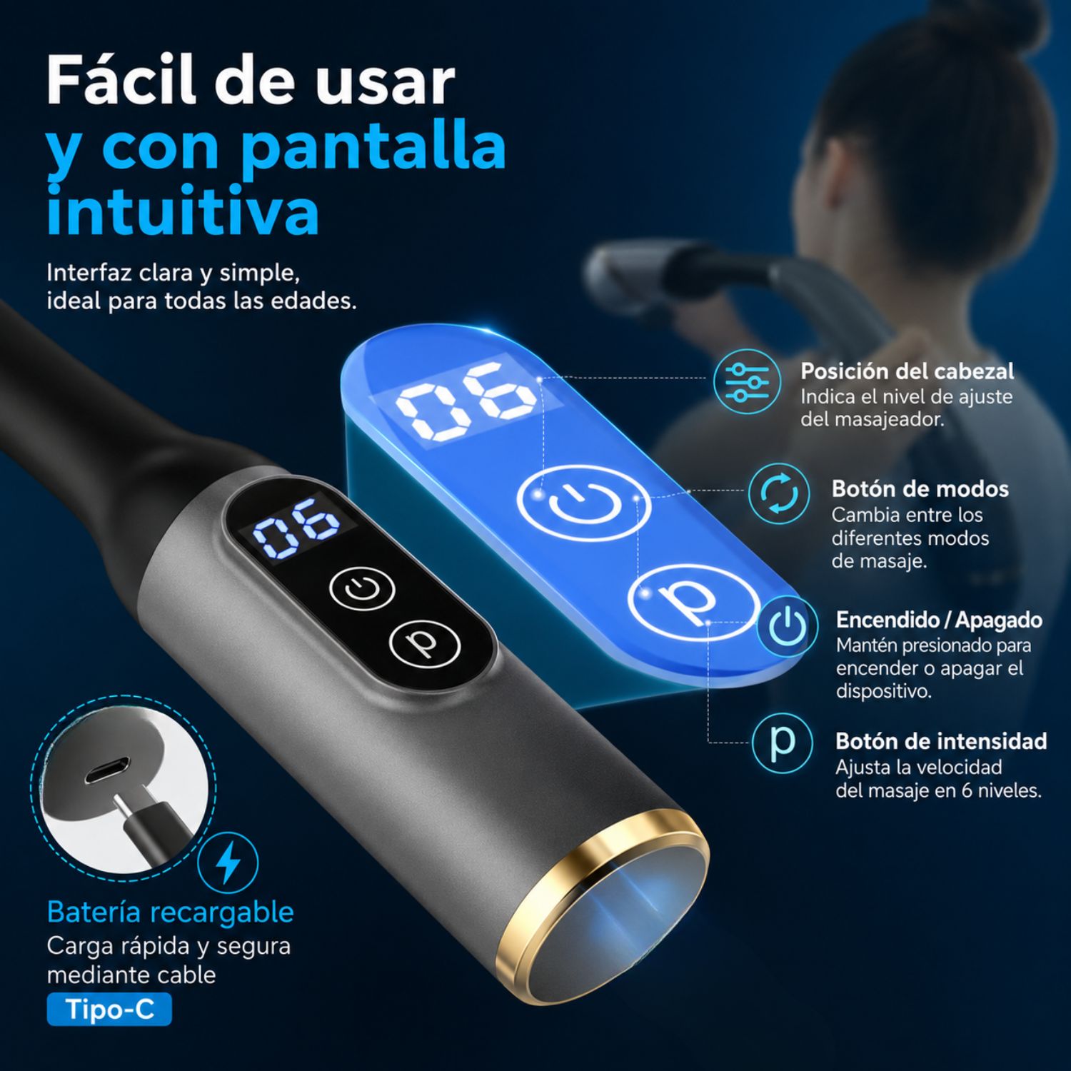MASAJEADOR MUSCULAR DE TEJIDO PROFUNDO CON MANGO EXTENDIDO, 4 CABEZALES Y 6 VELOCIDADES GRIS - 3