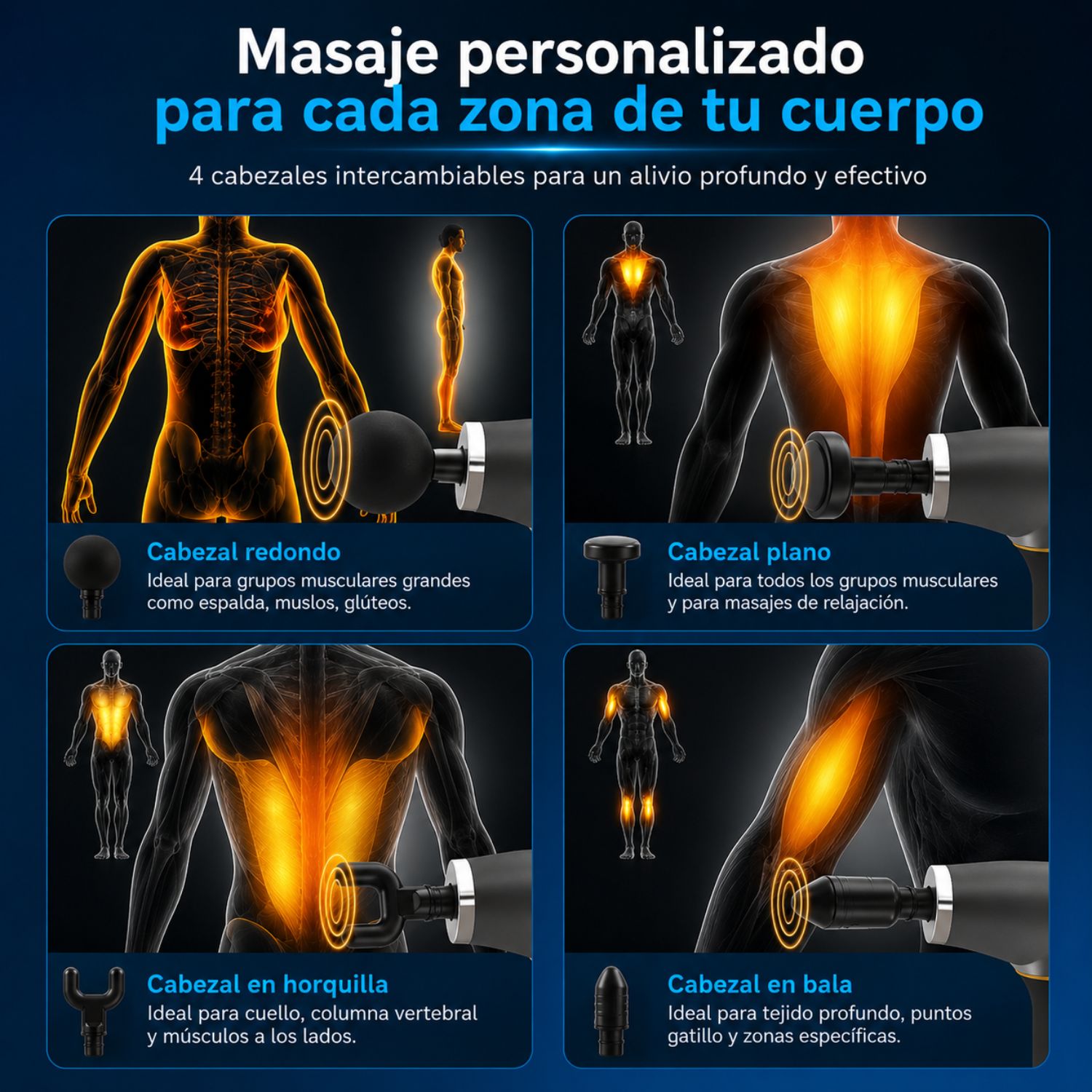 MASAJEADOR MUSCULAR DE TEJIDO PROFUNDO CON MANGO EXTENDIDO, 4 CABEZALES Y 6 VELOCIDADES GRIS - 4