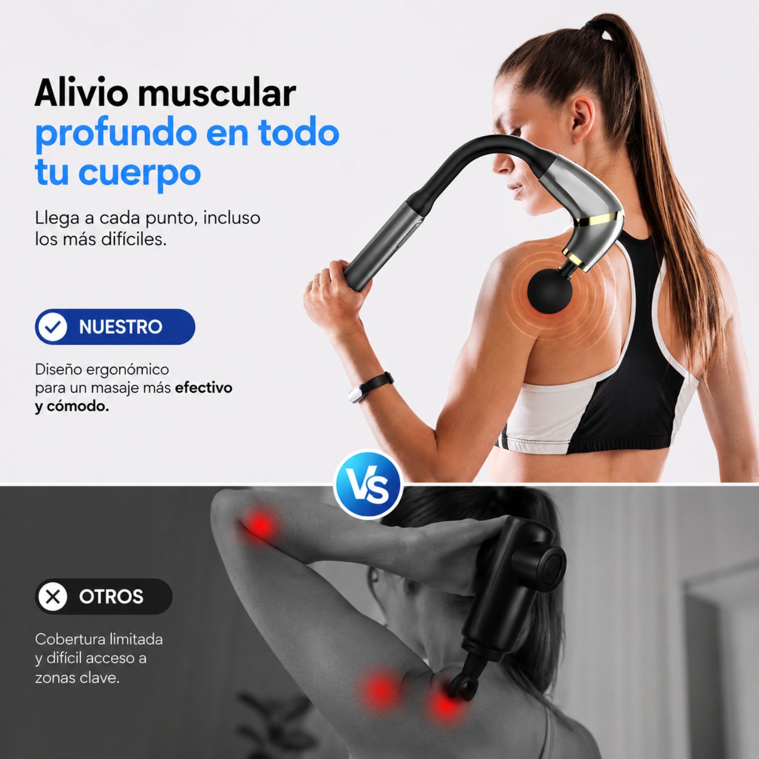 MASAJEADOR MUSCULAR DE TEJIDO PROFUNDO CON MANGO EXTENDIDO, 4 CABEZALES Y 6 VELOCIDADES GRIS - 5