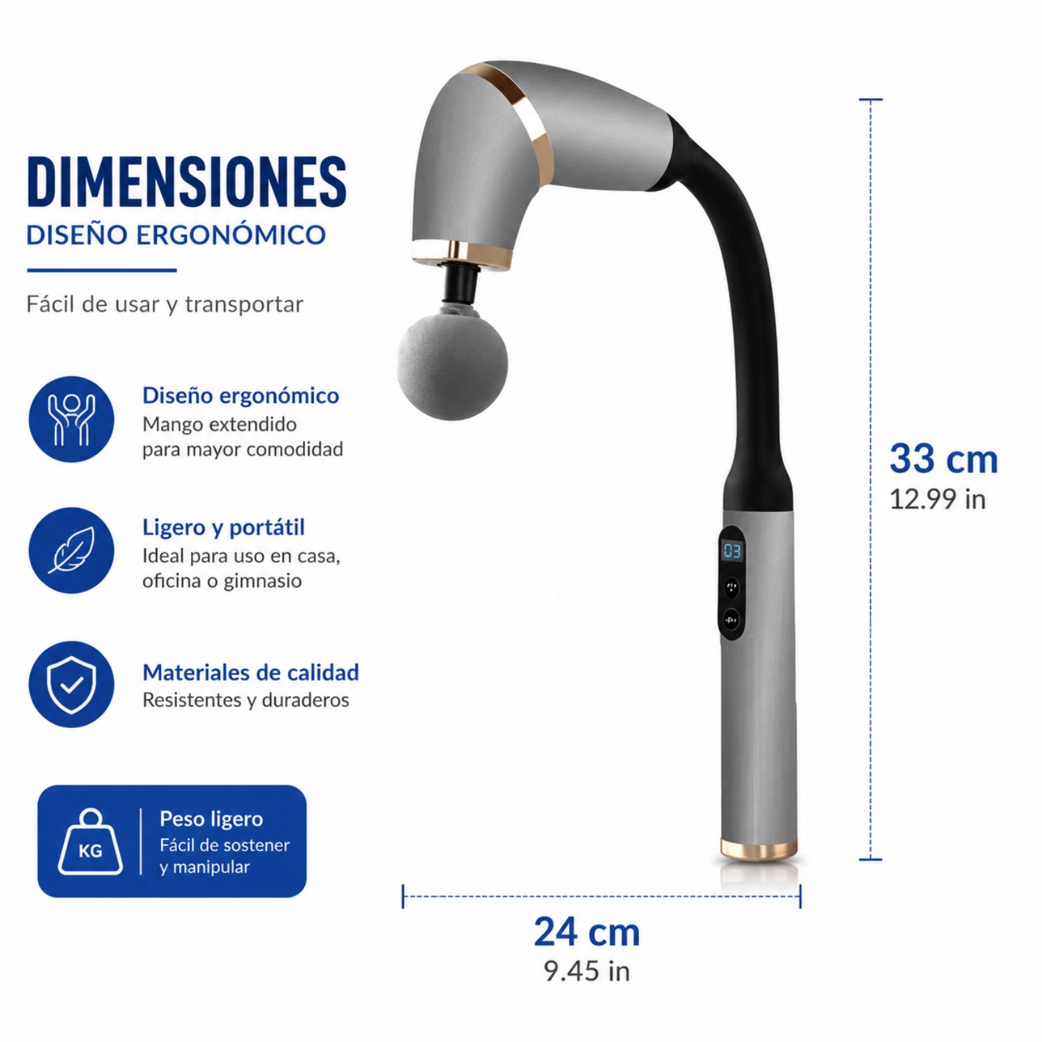 MASAJEADOR MUSCULAR DE TEJIDO PROFUNDO CON MANGO EXTENDIDO, 4 CABEZALES Y 6 VELOCIDADES GRIS - 7