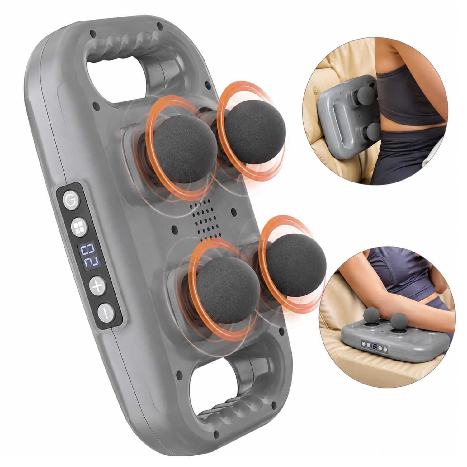 MASAJEADOR ELÉCTRICO 4 CABEZALES PARA ESPALDA CUELLO Y CUERPO 20 VELOCIDADES RECARGABLE GRIS - 1