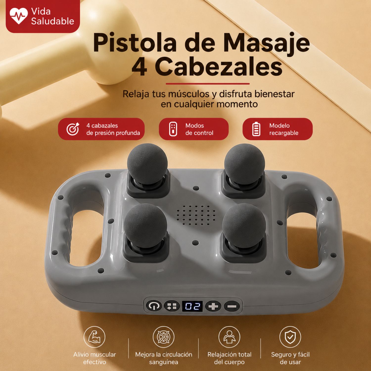 MASAJEADOR ELÉCTRICO 4 CABEZALES PARA ESPALDA CUELLO Y CUERPO 20 VELOCIDADES RECARGABLE GRIS - 4