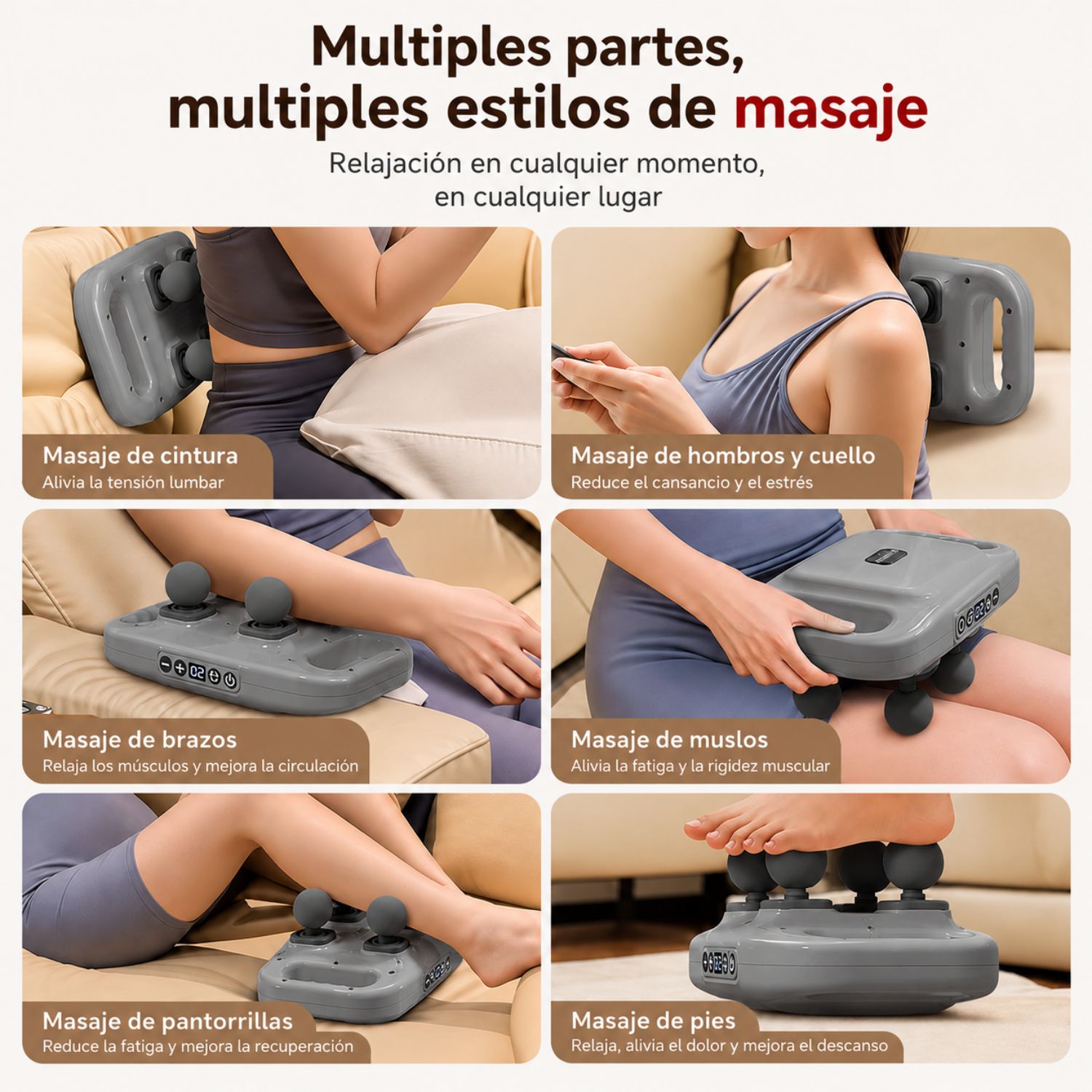 MASAJEADOR ELÉCTRICO 4 CABEZALES PARA ESPALDA CUELLO Y CUERPO 20 VELOCIDADES RECARGABLE GRIS - 6