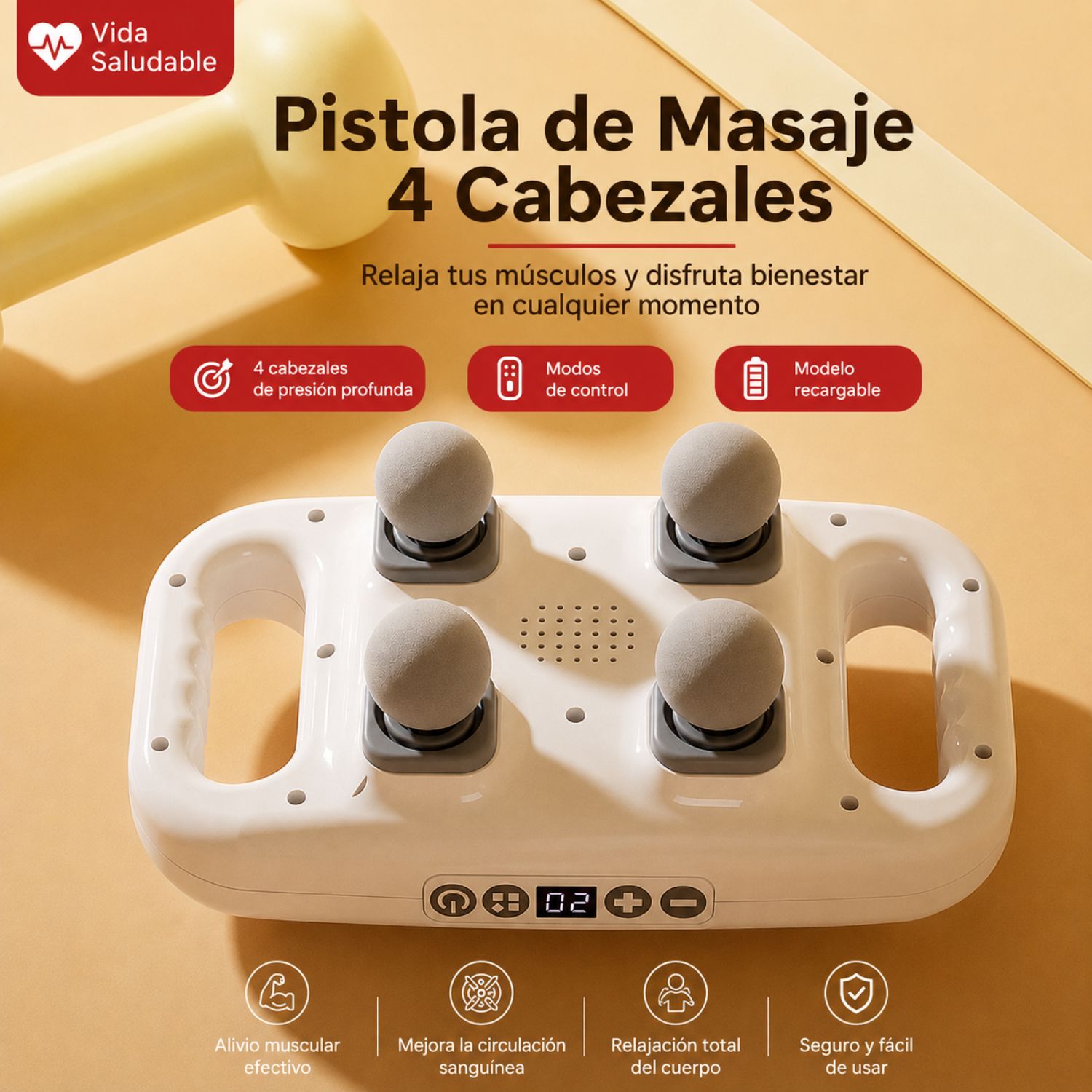 MASAJEADOR ELÉCTRICO 4 CABEZALES PARA ESPALDA CUELLO Y CUERPO 20 VELOCIDADES RECARGABLE BLANCO - 4