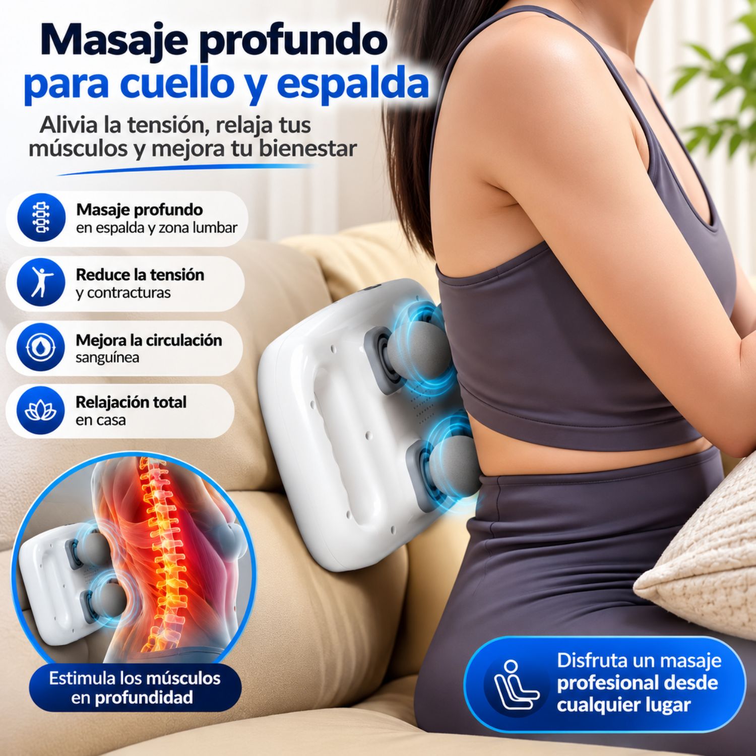 MASAJEADOR ELÉCTRICO 4 CABEZALES PARA ESPALDA CUELLO Y CUERPO 20 VELOCIDADES RECARGABLE BLANCO - 5
