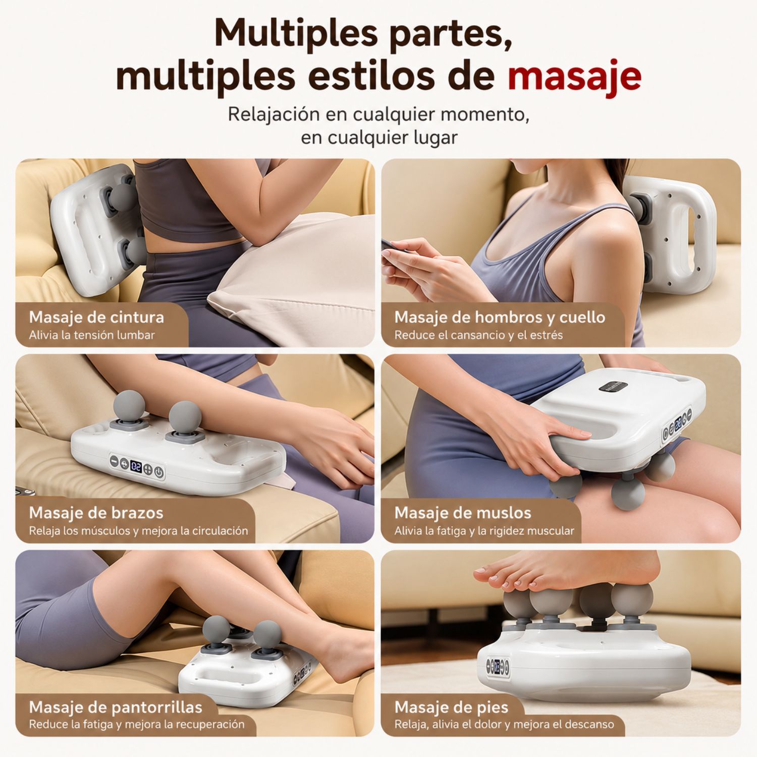MASAJEADOR ELÉCTRICO 4 CABEZALES PARA ESPALDA CUELLO Y CUERPO 20 VELOCIDADES RECARGABLE BLANCO - 6