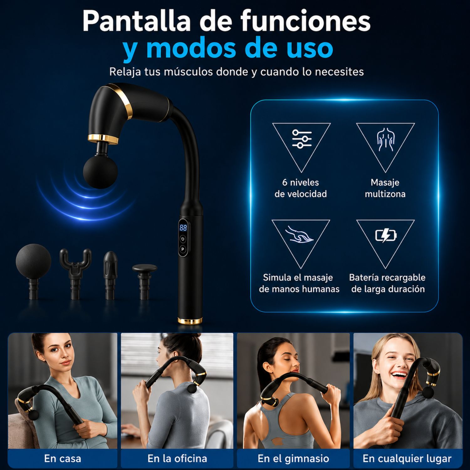 MASAJEADOR MUSCULAR DE TEJIDO PROFUNDO CON MANGO EXTENDIDO, 4 CABEZALES Y 6 VELOCIDADES NEGRO - 2