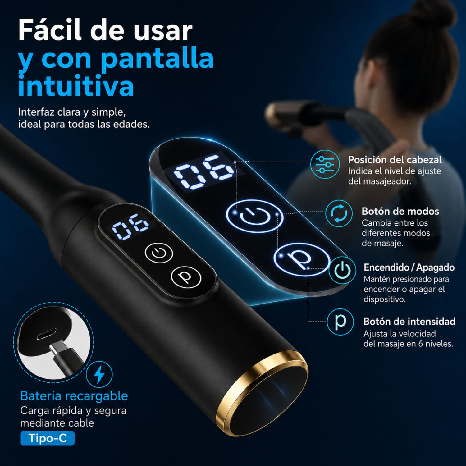 MASAJEADOR MUSCULAR DE TEJIDO PROFUNDO CON MANGO EXTENDIDO, 4 CABEZALES Y 6 VELOCIDADES NEGRO - 3