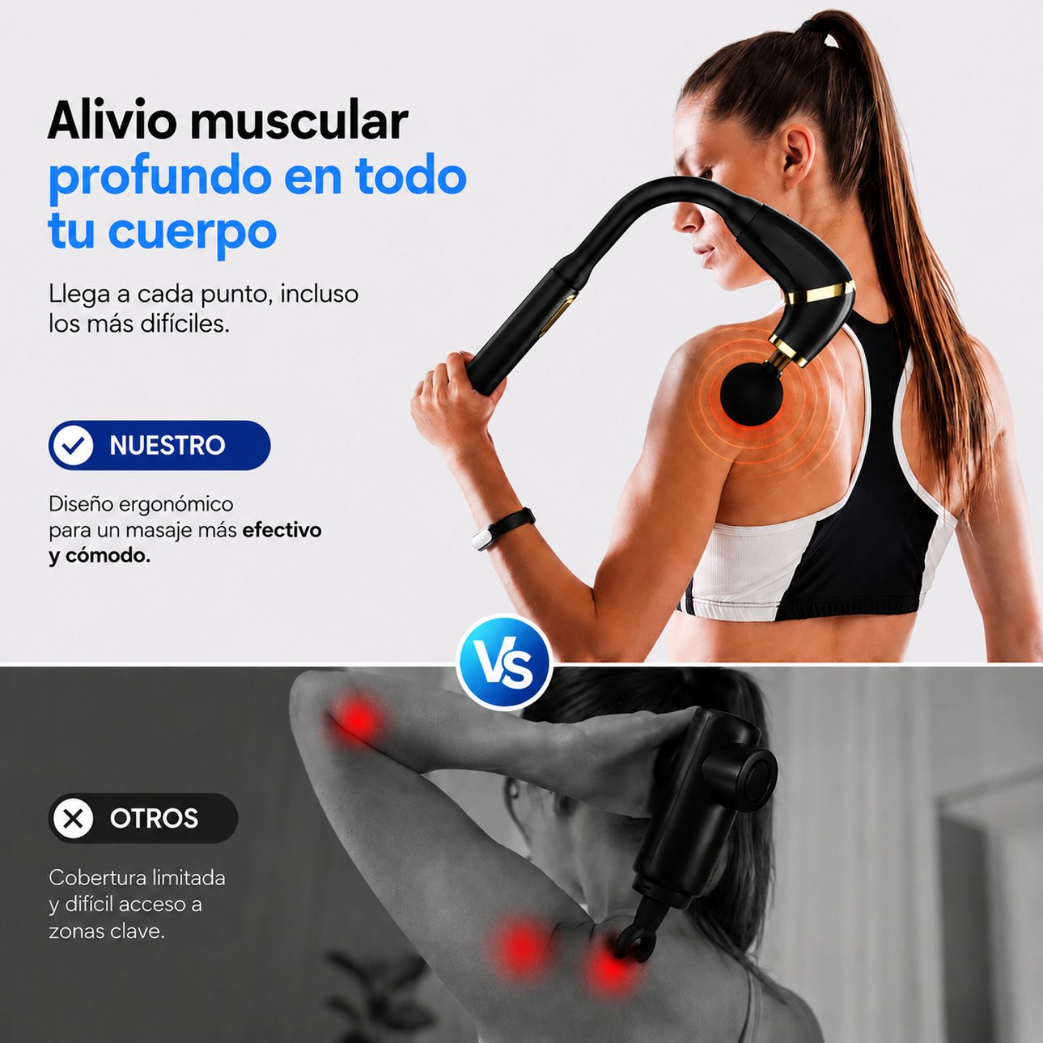 MASAJEADOR MUSCULAR DE TEJIDO PROFUNDO CON MANGO EXTENDIDO, 4 CABEZALES Y 6 VELOCIDADES NEGRO - 5
