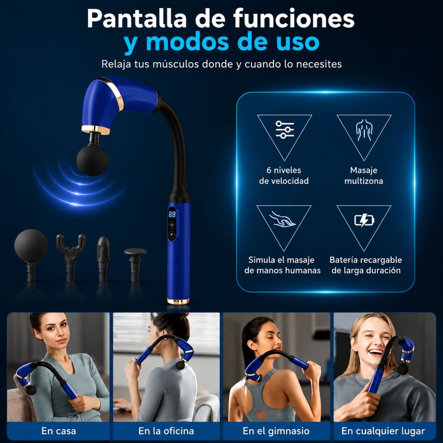MASAJEADOR MUSCULAR DE TEJIDO PROFUNDO CON MANGO EXTENDIDO, 4 CABEZALES Y 6 VELOCIDADES AZUL - 2