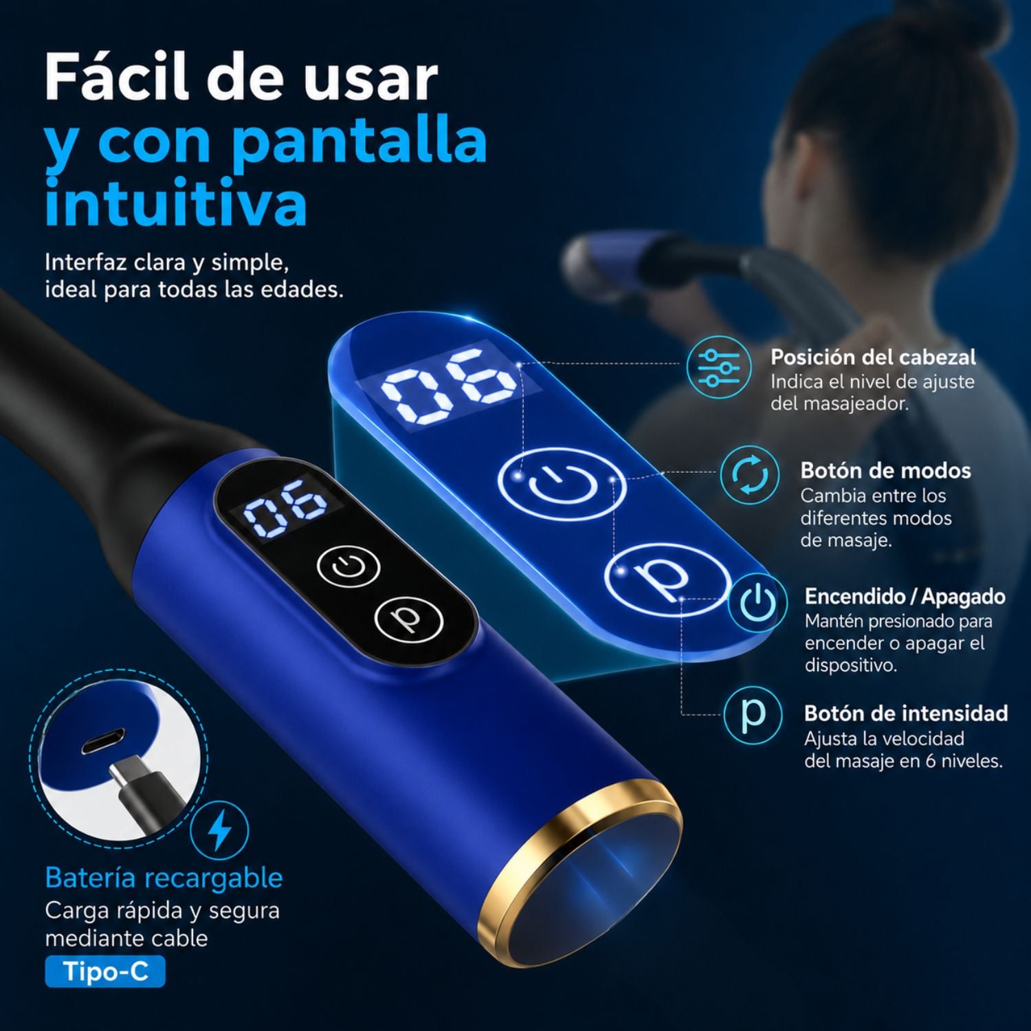 MASAJEADOR MUSCULAR DE TEJIDO PROFUNDO CON MANGO EXTENDIDO, 4 CABEZALES Y 6 VELOCIDADES AZUL - 3