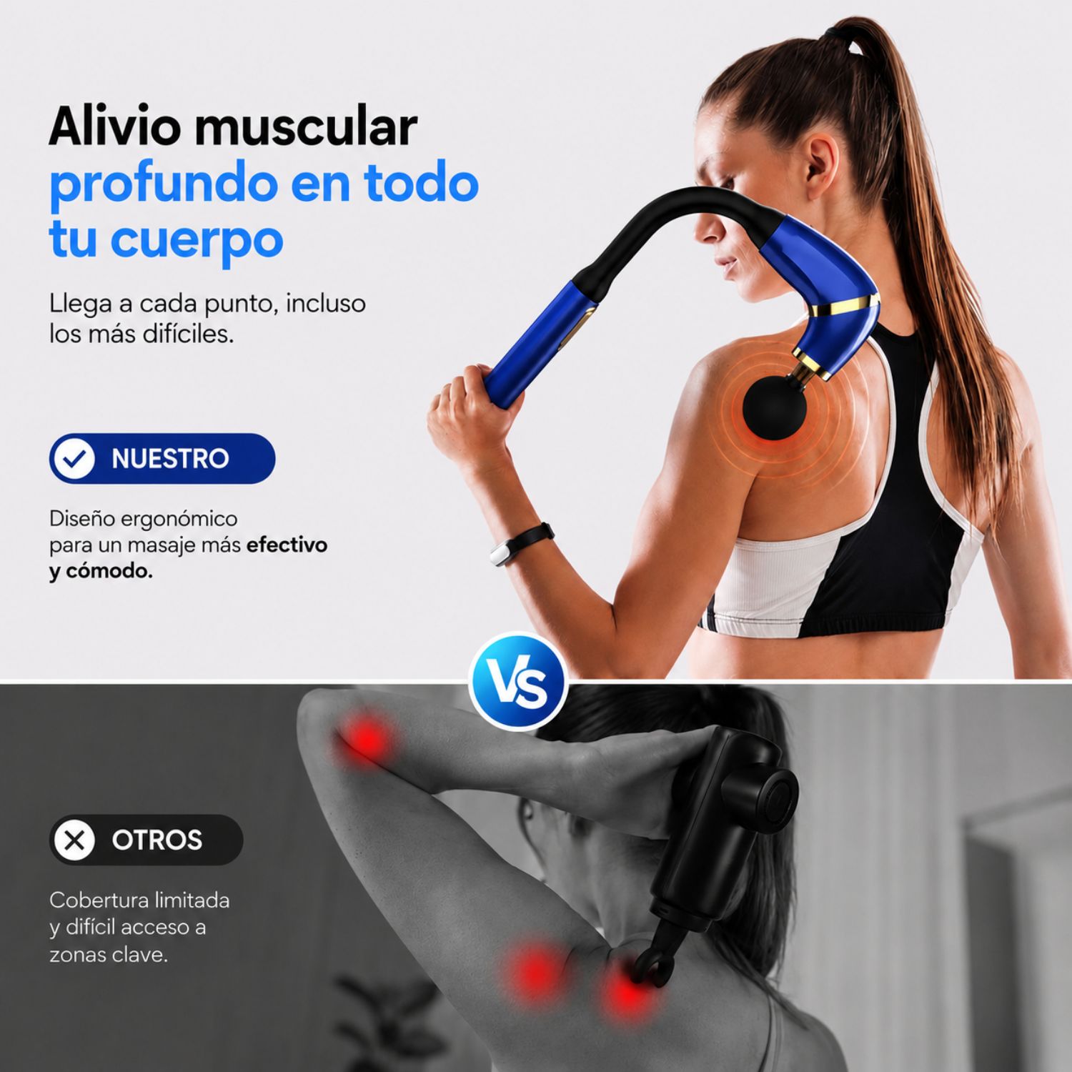 MASAJEADOR MUSCULAR DE TEJIDO PROFUNDO CON MANGO EXTENDIDO, 4 CABEZALES Y 6 VELOCIDADES AZUL - 5
