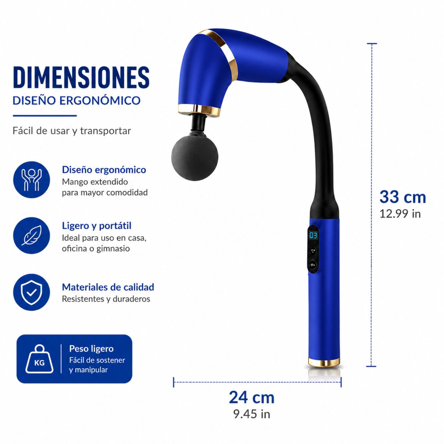 MASAJEADOR MUSCULAR DE TEJIDO PROFUNDO CON MANGO EXTENDIDO, 4 CABEZALES Y 6 VELOCIDADES AZUL - 6