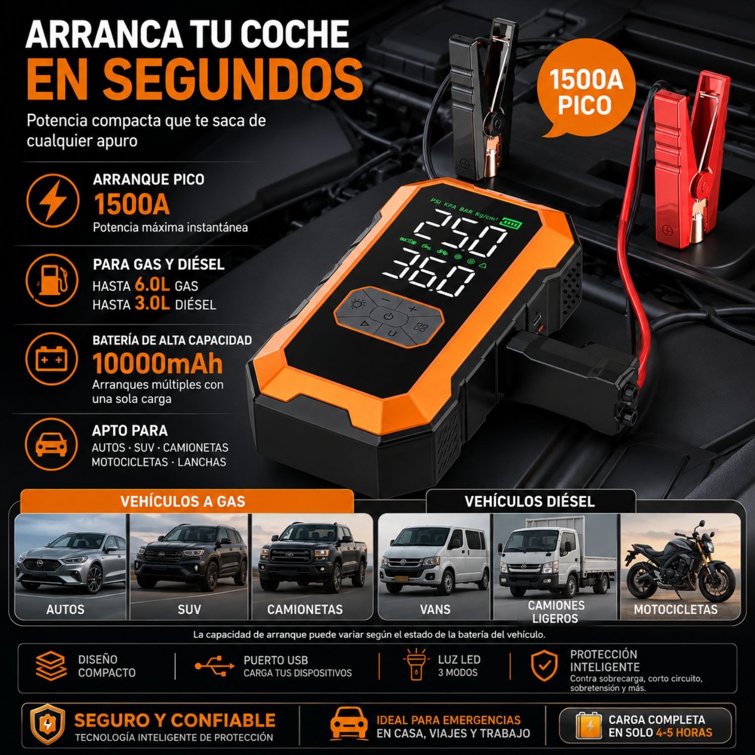 BOOSTER ARRANCADOR PARA AUTO 1500A CON INFLADOR DIGITAL 150 PSI Y POWER BANK 10000MAH - 2