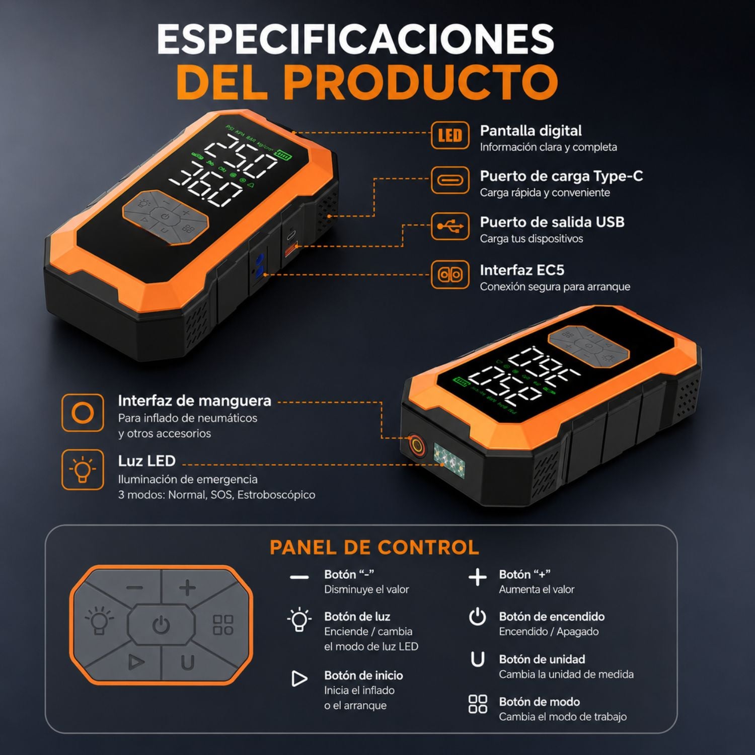 BOOSTER ARRANCADOR PARA AUTO 1500A CON INFLADOR DIGITAL 150 PSI Y POWER BANK 10000MAH - 3