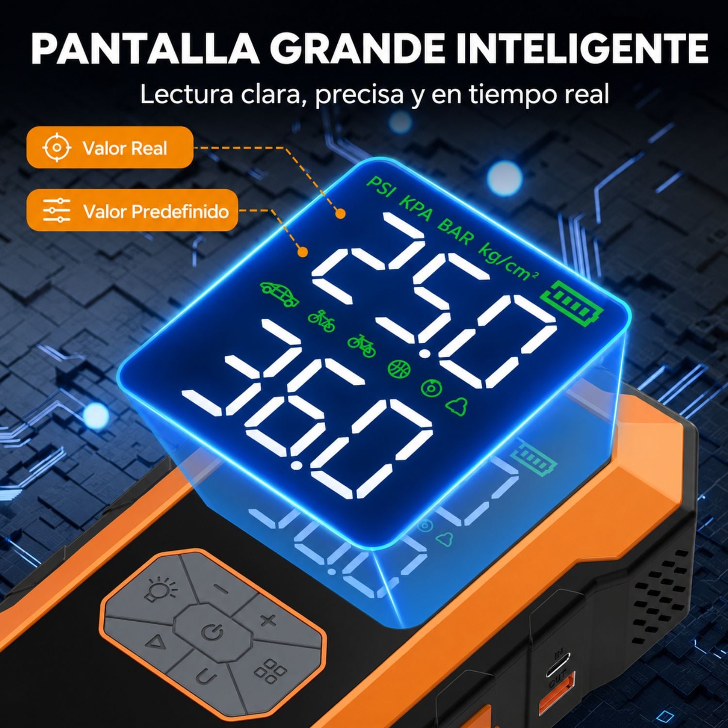 BOOSTER ARRANCADOR PARA AUTO 1500A CON INFLADOR DIGITAL 150 PSI Y POWER BANK 10000MAH - 4