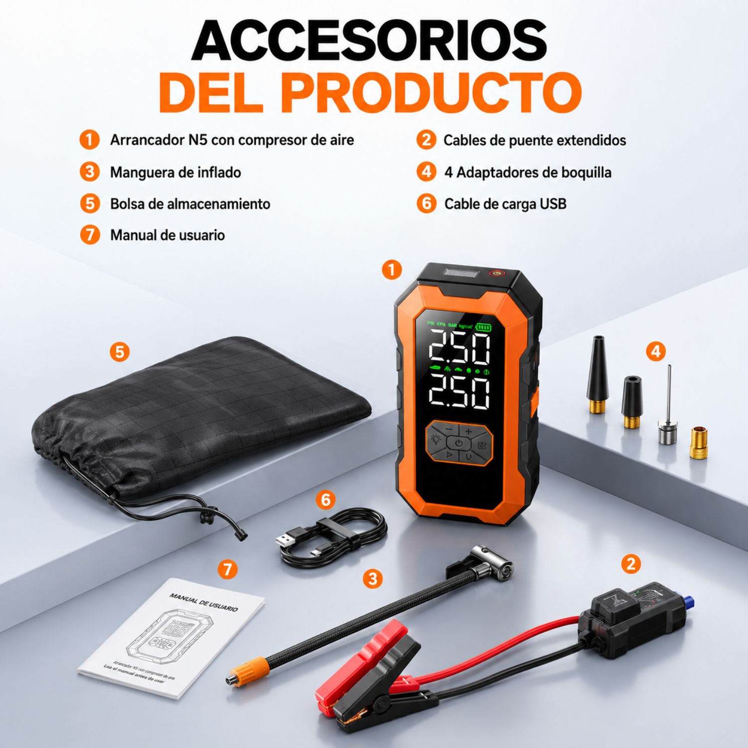 BOOSTER ARRANCADOR PARA AUTO 1500A CON INFLADOR DIGITAL 150 PSI Y POWER BANK 10000MAH - 8