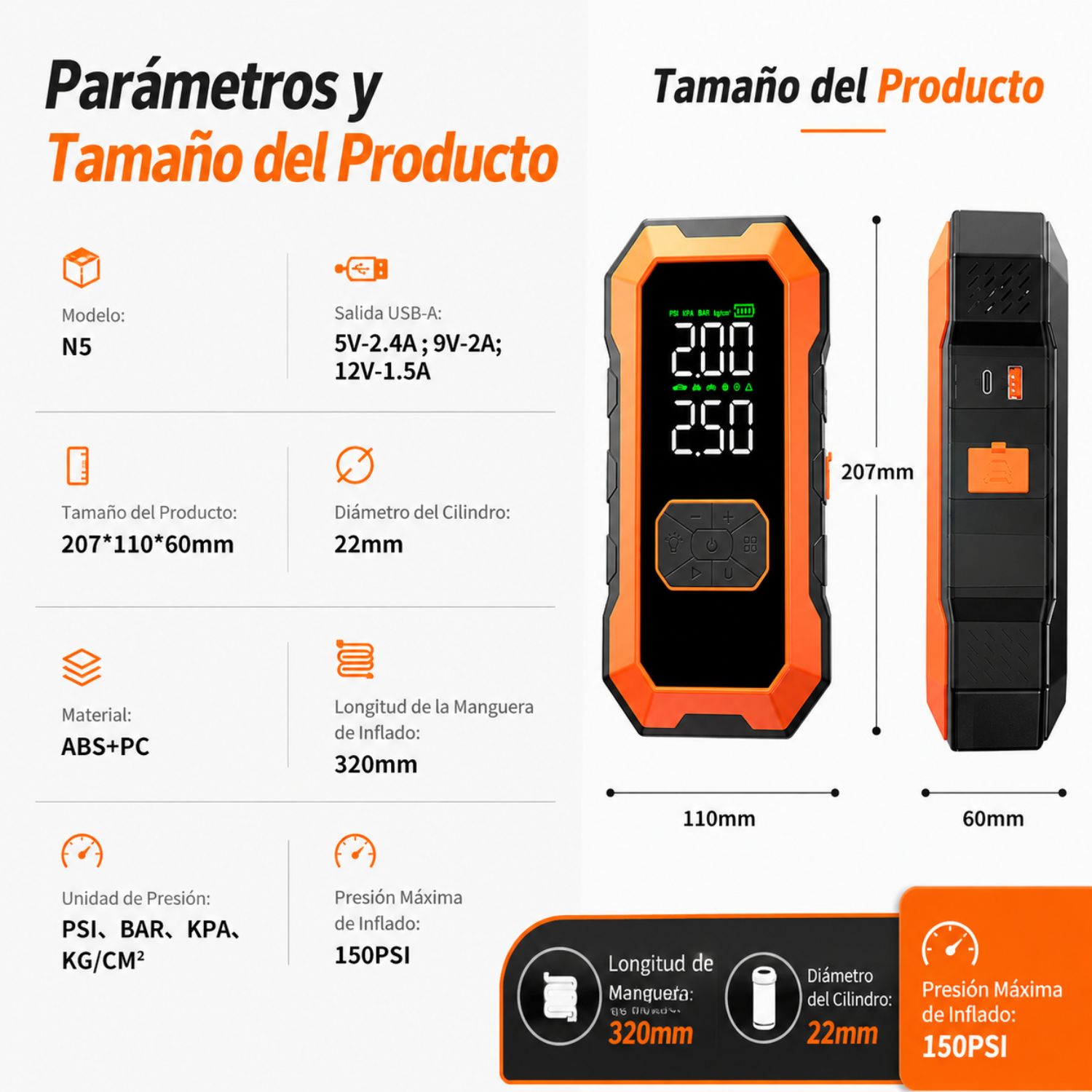 BOOSTER ARRANCADOR PARA AUTO 1500A CON INFLADOR DIGITAL 150 PSI Y POWER BANK 10000MAH - 9
