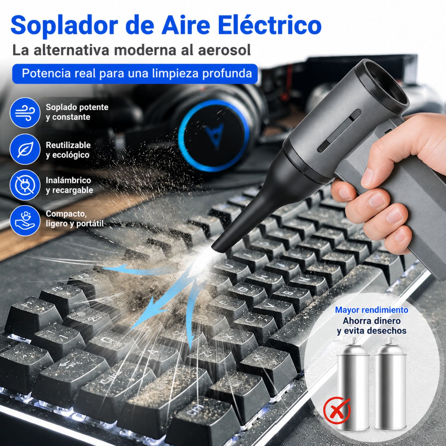SOPLADOR TURBO ELÉCTRICO 130000 RPM ASPIRADORA 2 EN 1 RECARGABLE USB-C 9000MAH - 2