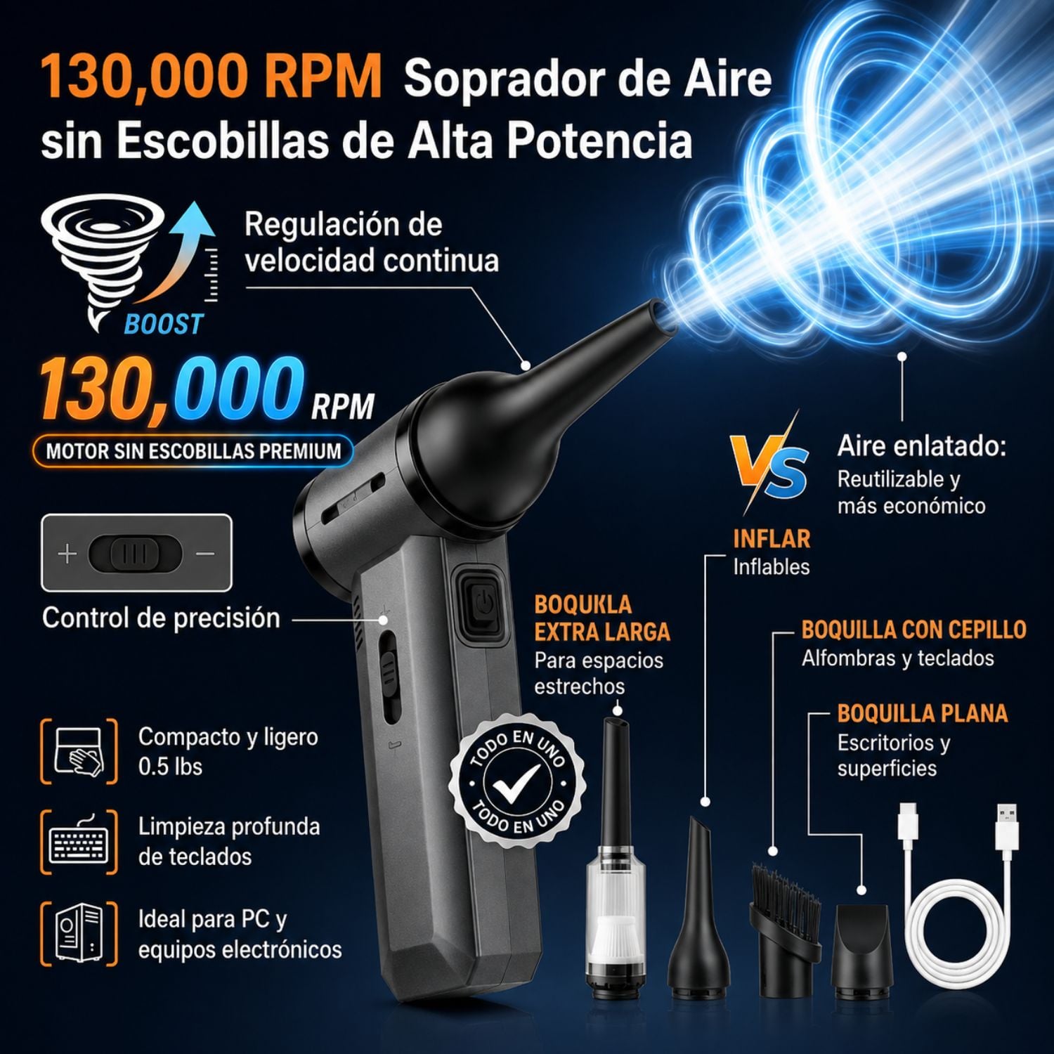 SOPLADOR TURBO ELÉCTRICO 130000 RPM ASPIRADORA 2 EN 1 RECARGABLE USB-C 9000MAH - 3