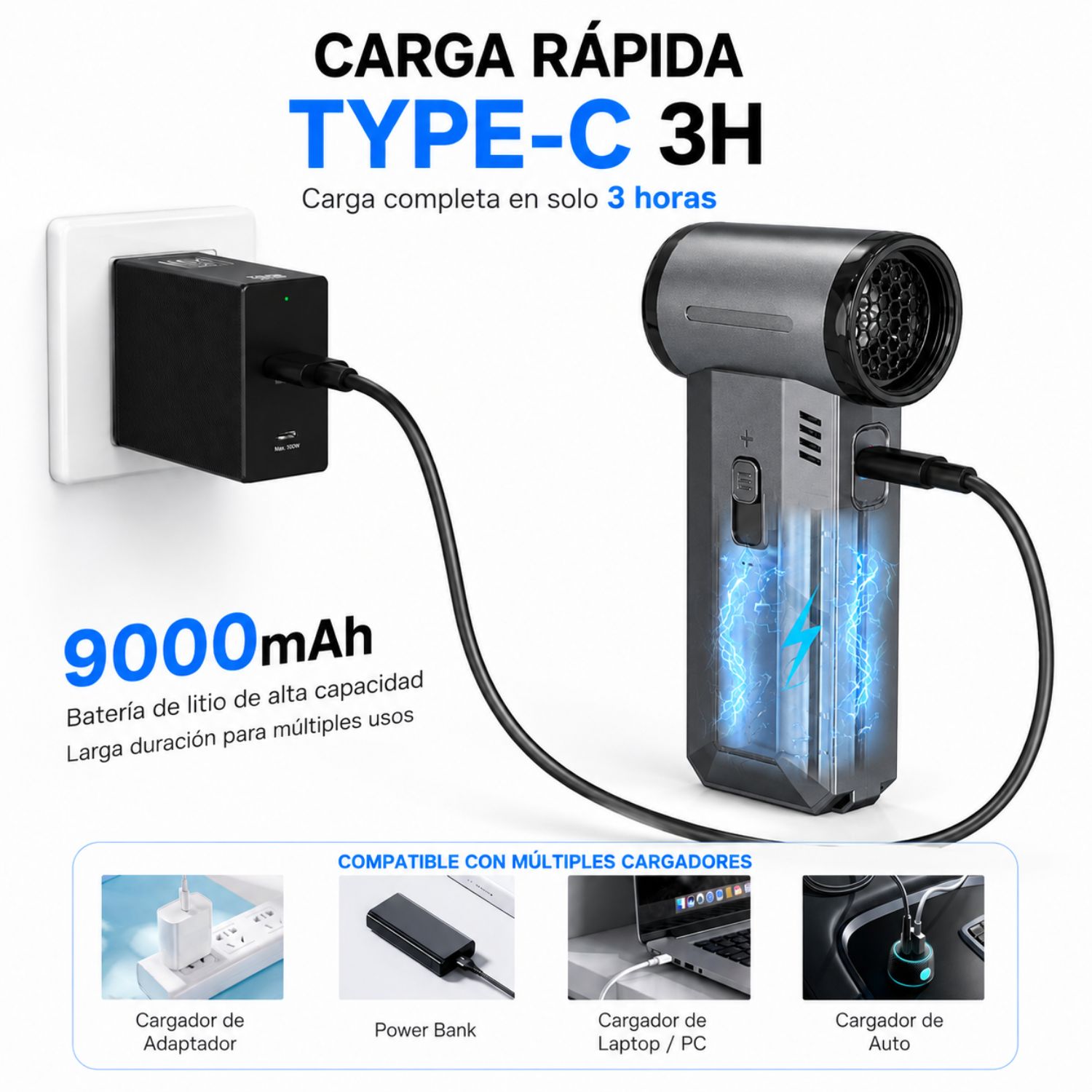 SOPLADOR TURBO ELÉCTRICO 130000 RPM ASPIRADORA 2 EN 1 RECARGABLE USB-C 9000MAH - 8