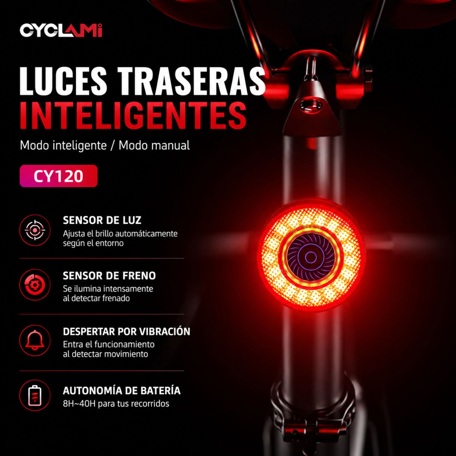 LUZ TRASERA LED BICICLETA RECARGABLE USB C SENSOR DE FRENADO IP65 INTELIGENTE - 2