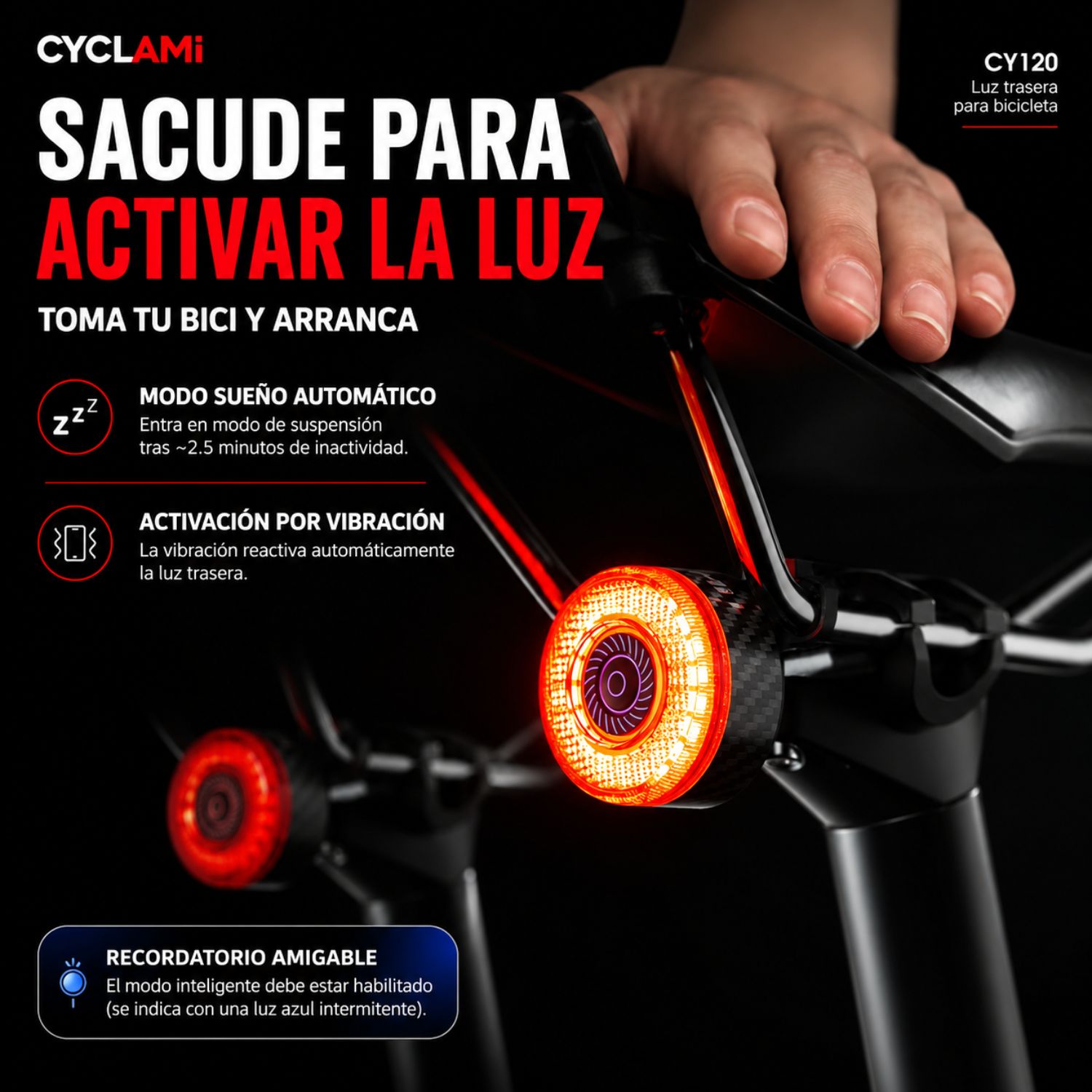 LUZ TRASERA LED BICICLETA RECARGABLE USB C SENSOR DE FRENADO IP65 INTELIGENTE - 4