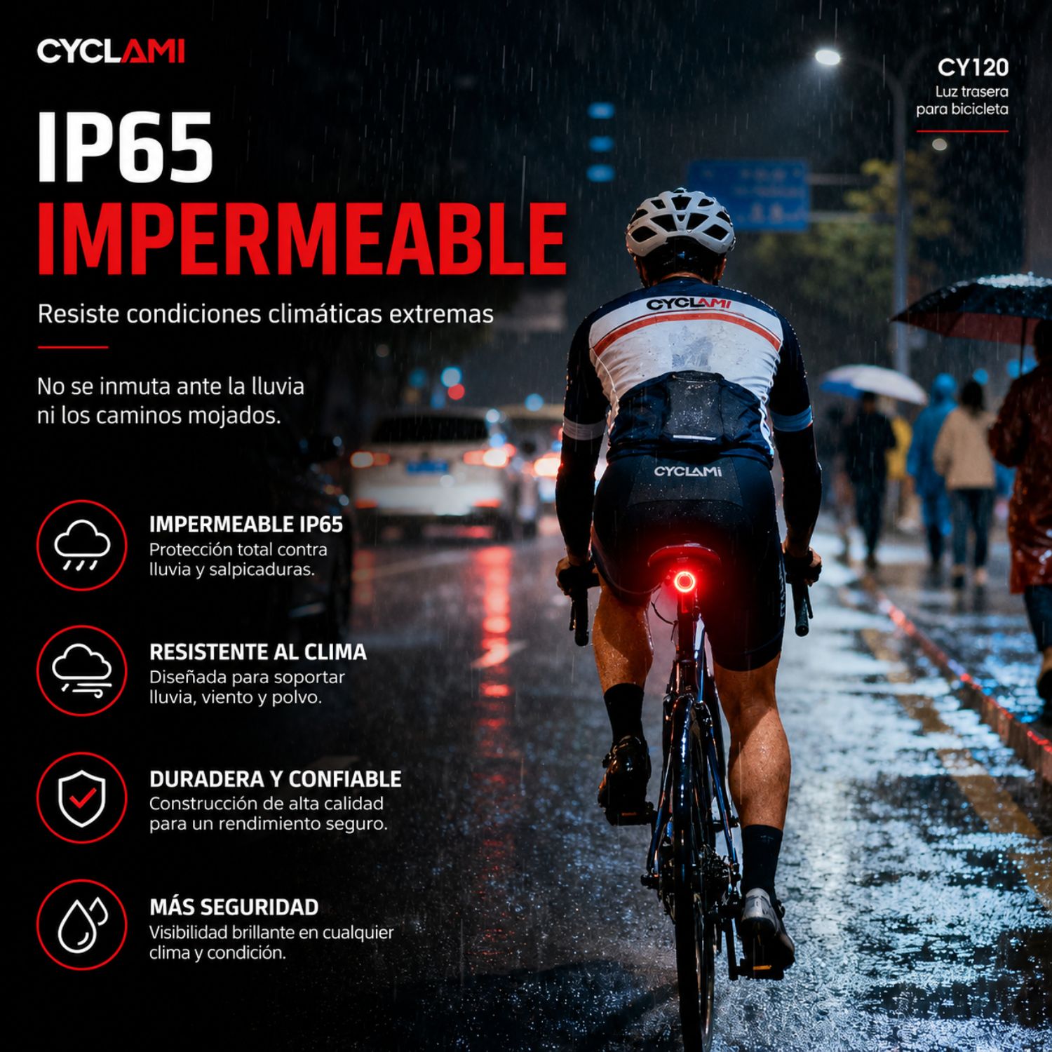 LUZ TRASERA LED BICICLETA RECARGABLE USB C SENSOR DE FRENADO IP65 INTELIGENTE - 6