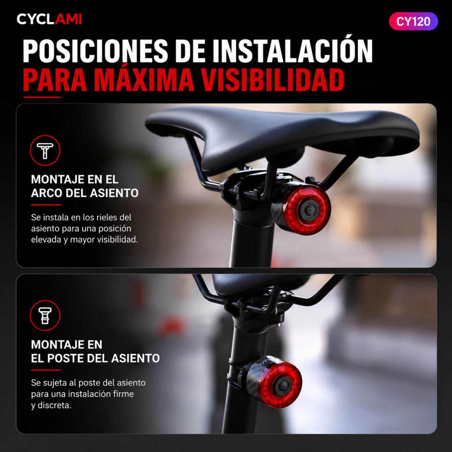 LUZ TRASERA LED BICICLETA RECARGABLE USB C SENSOR DE FRENADO IP65 INTELIGENTE - 7