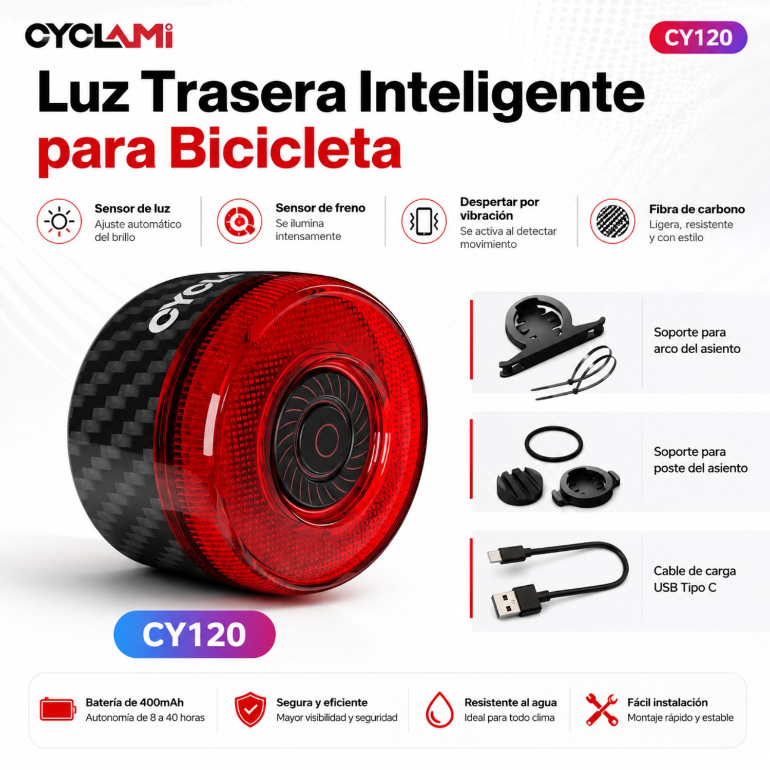 LUZ TRASERA LED BICICLETA RECARGABLE USB C SENSOR DE FRENADO IP65 INTELIGENTE - 8