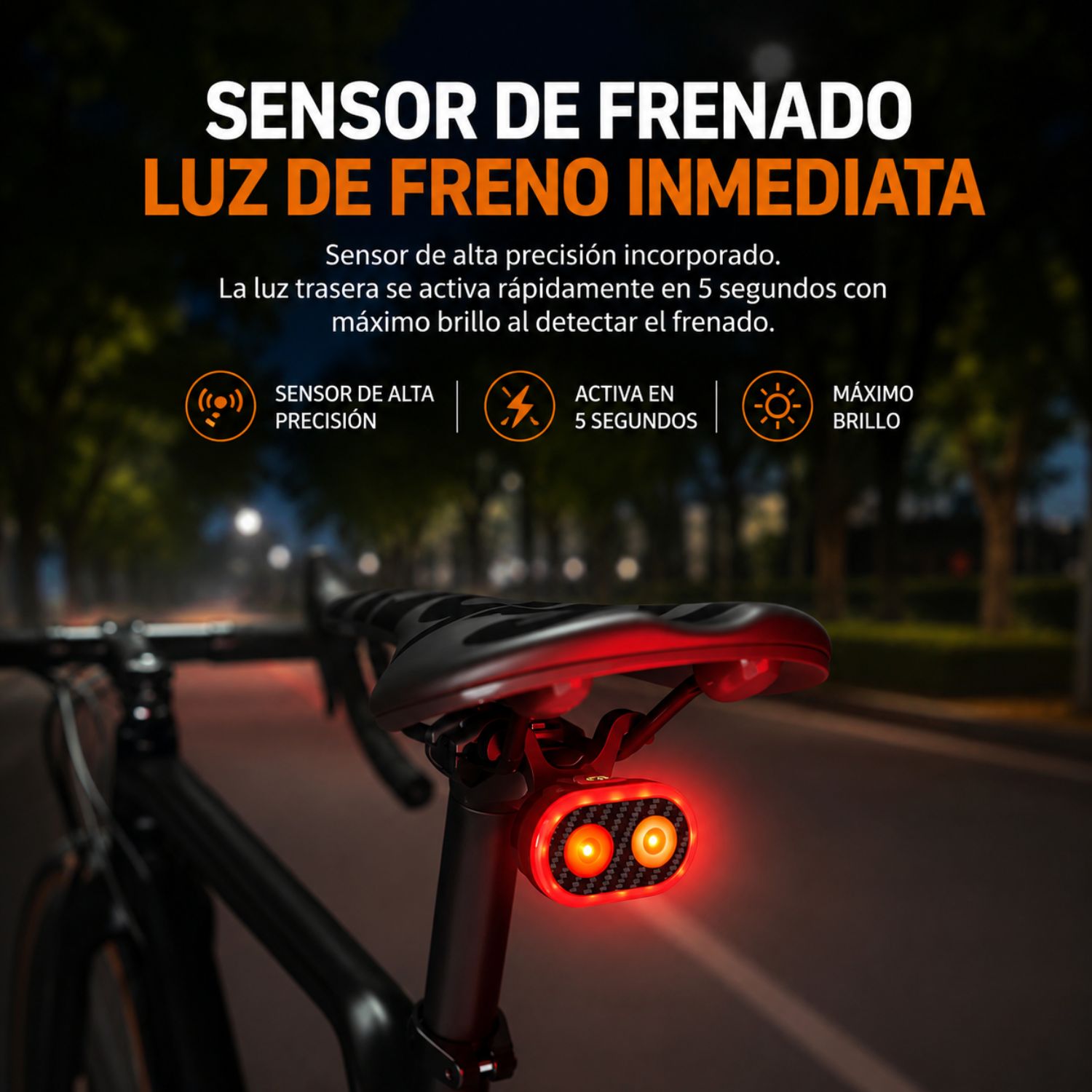LUZ LED TRASERA PARA BICICLETA ALTA VISIBILIDAD CON SENSOR DE FRENO AUTOMÁTICO USB C - 2