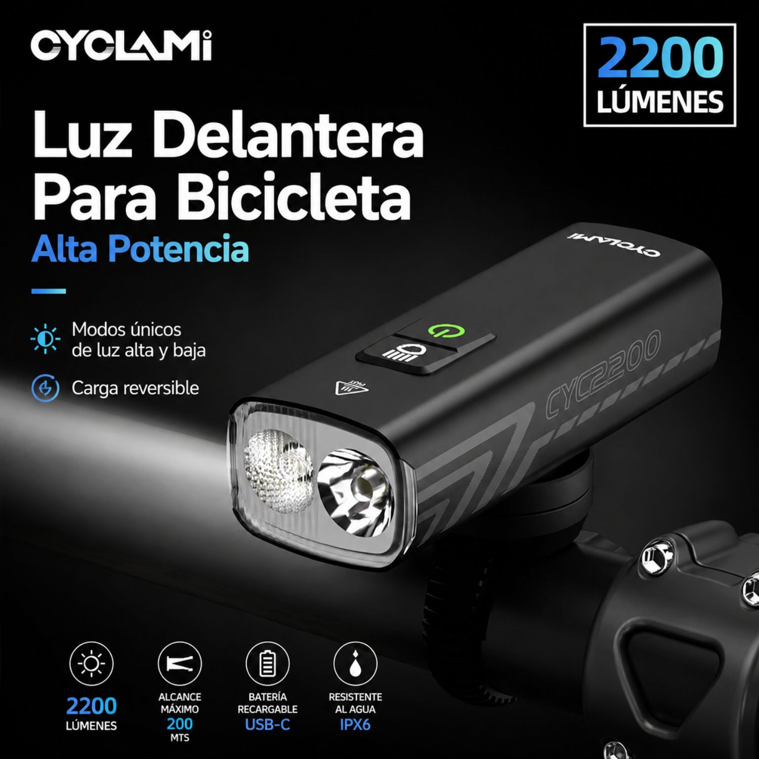 LINTERNA DELANTERA PARA BICICLETA 2200 LÚMENES RECARGABLE USB-C POWER BANK - 2