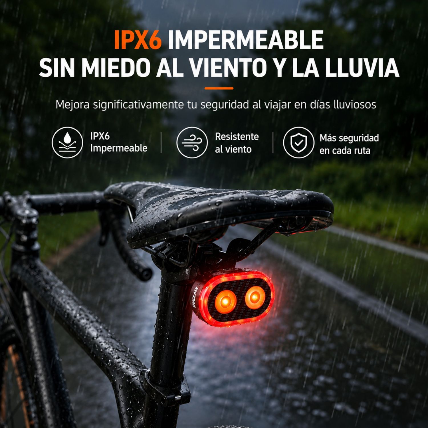 LUZ TRASERA PARA BICICLETA CON SENSOR INTELIGENTE DE FRENADO RECARGABLE USB TIPO C IPX6 - 5