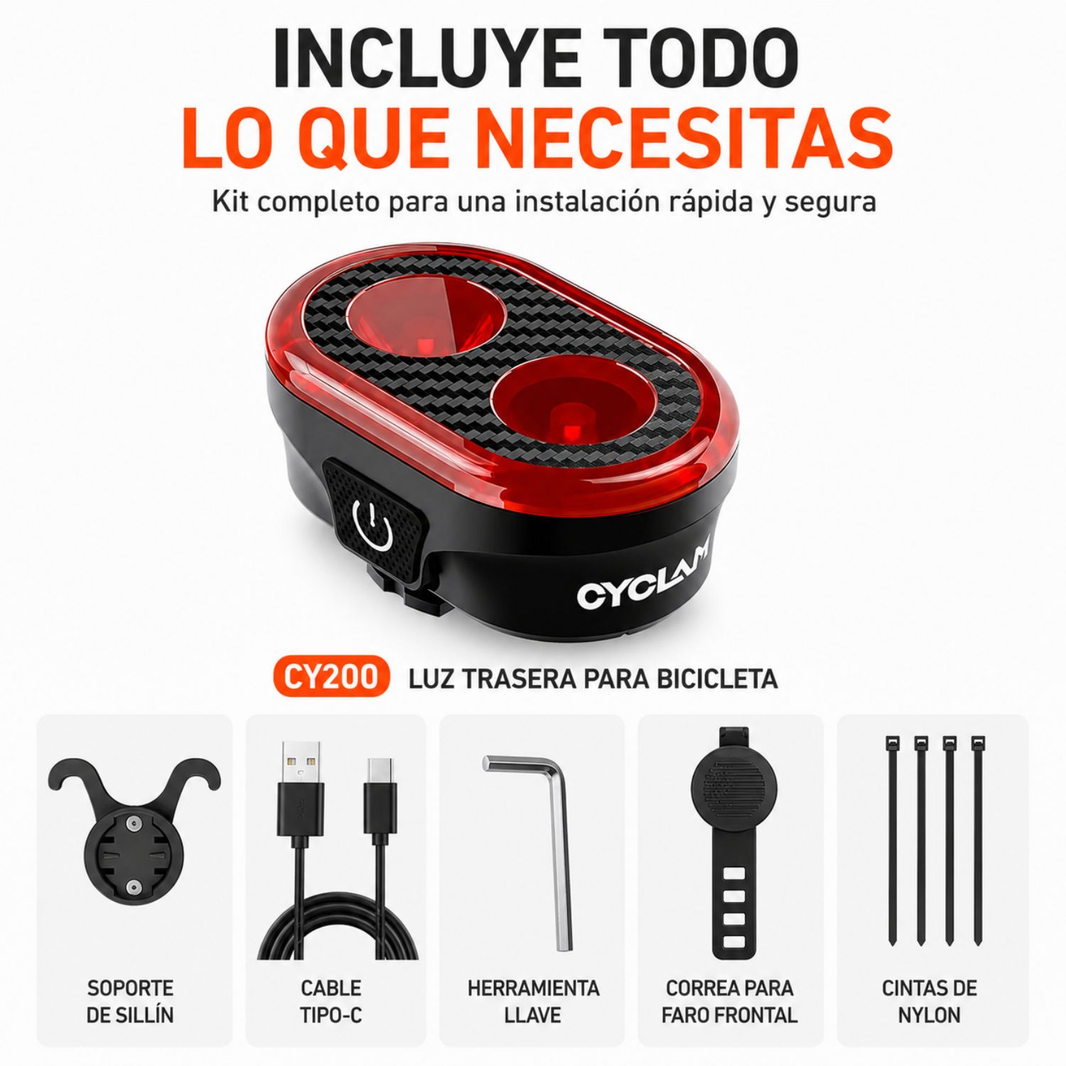 LUZ TRASERA PARA BICICLETA CON SENSOR INTELIGENTE DE FRENADO RECARGABLE USB TIPO C IPX6 - 7