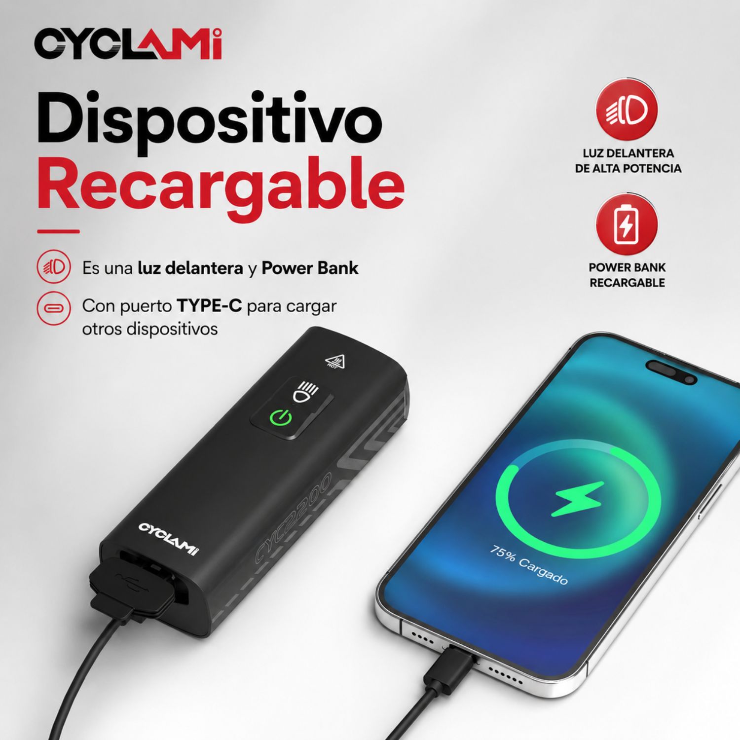 LUZ DELANTERA PARA BICICLETA 2200 LÚMENES RECARGABLE USB-C POWER BANK IPX6 - 4
