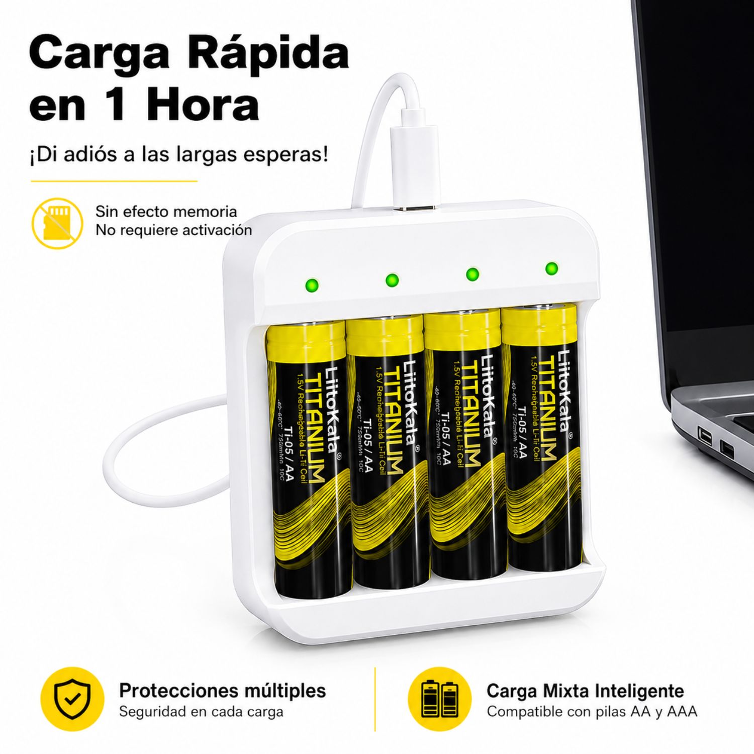 CARGADOR DE PILAS AA AAA USB-C CON 4 PILAS RECARGABLES AA 1.5V LIITOKALA CARGA INTELIGENTE - 3