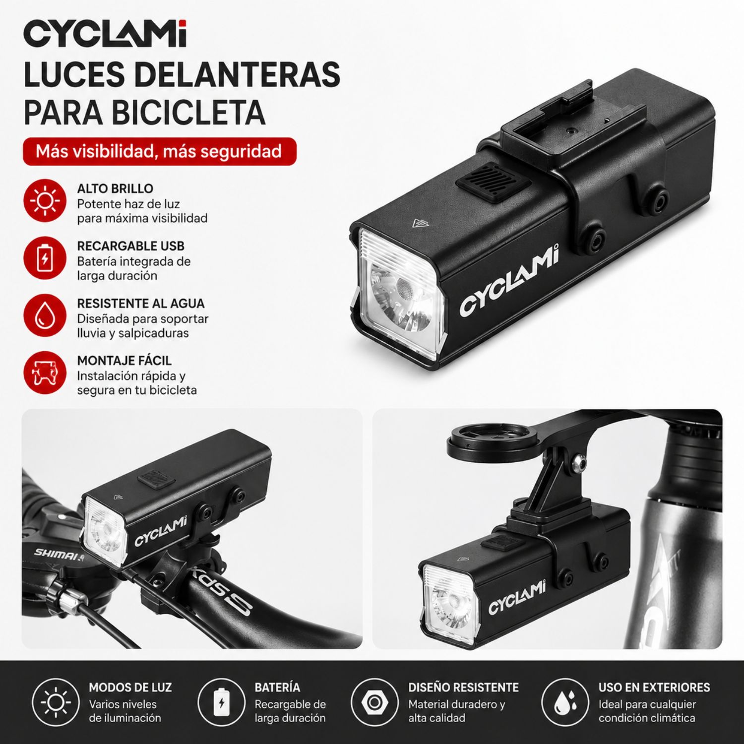 LUZ DELANTERA PARA BICICLETA LED RECARGABLE USB TIPO C 1000 LÚMENES IPX6 SOPORTE GIRATORIO 360° - 2