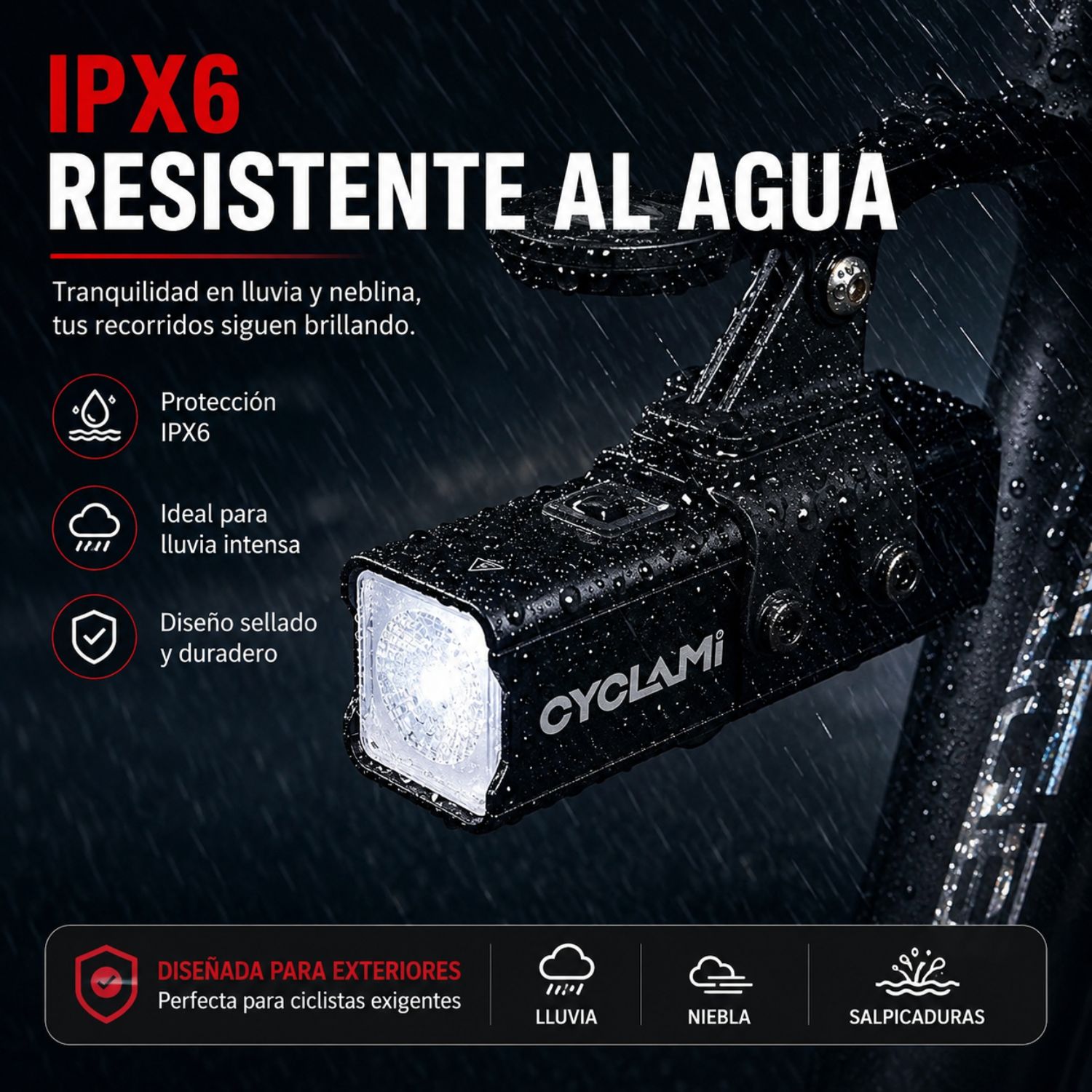 LUZ DELANTERA PARA BICICLETA LED RECARGABLE USB TIPO C 1000 LÚMENES IPX6 SOPORTE GIRATORIO 360° - 6
