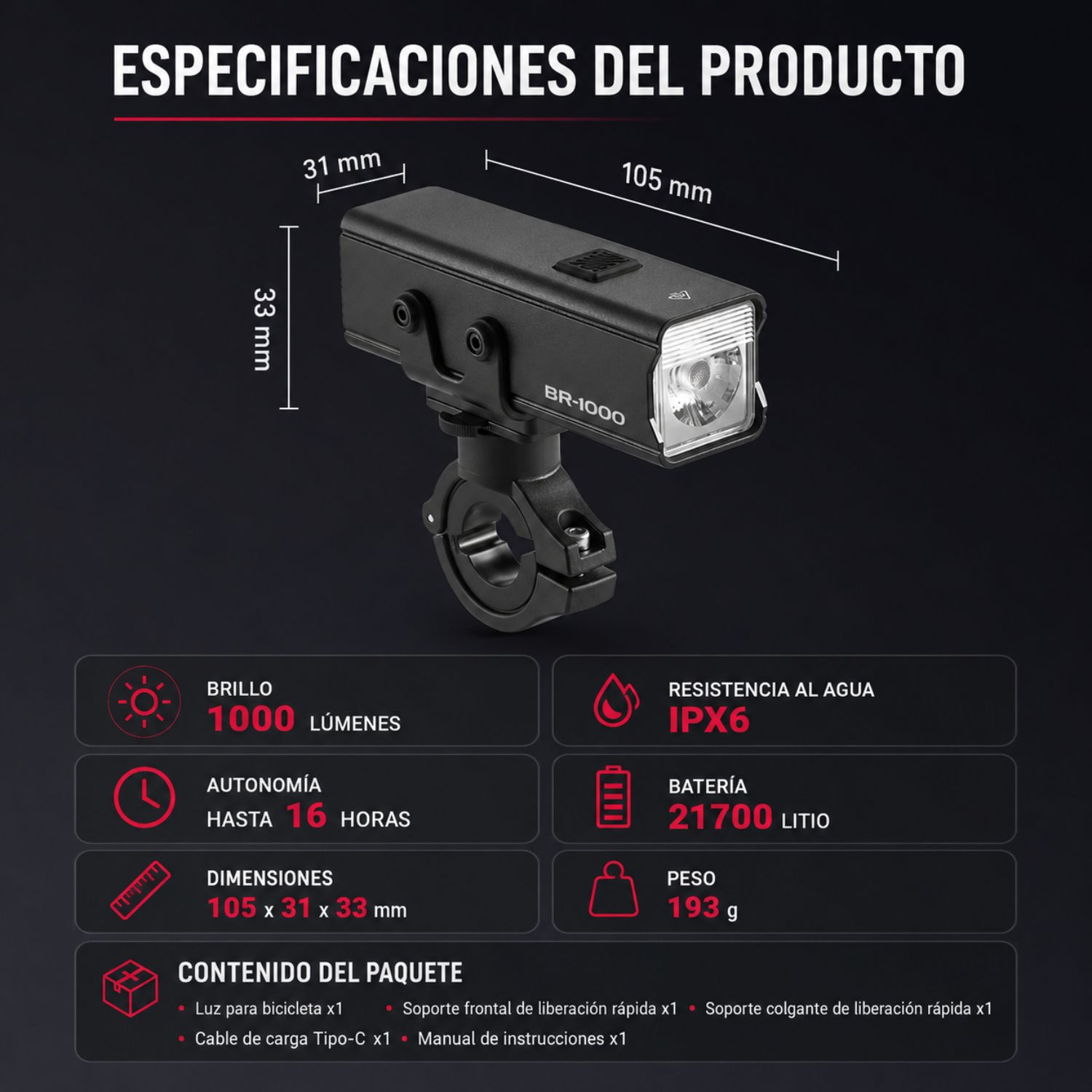 LUZ DELANTERA PARA BICICLETA LED RECARGABLE USB TIPO C 1000 LÚMENES IPX6 SOPORTE GIRATORIO 360° - 8