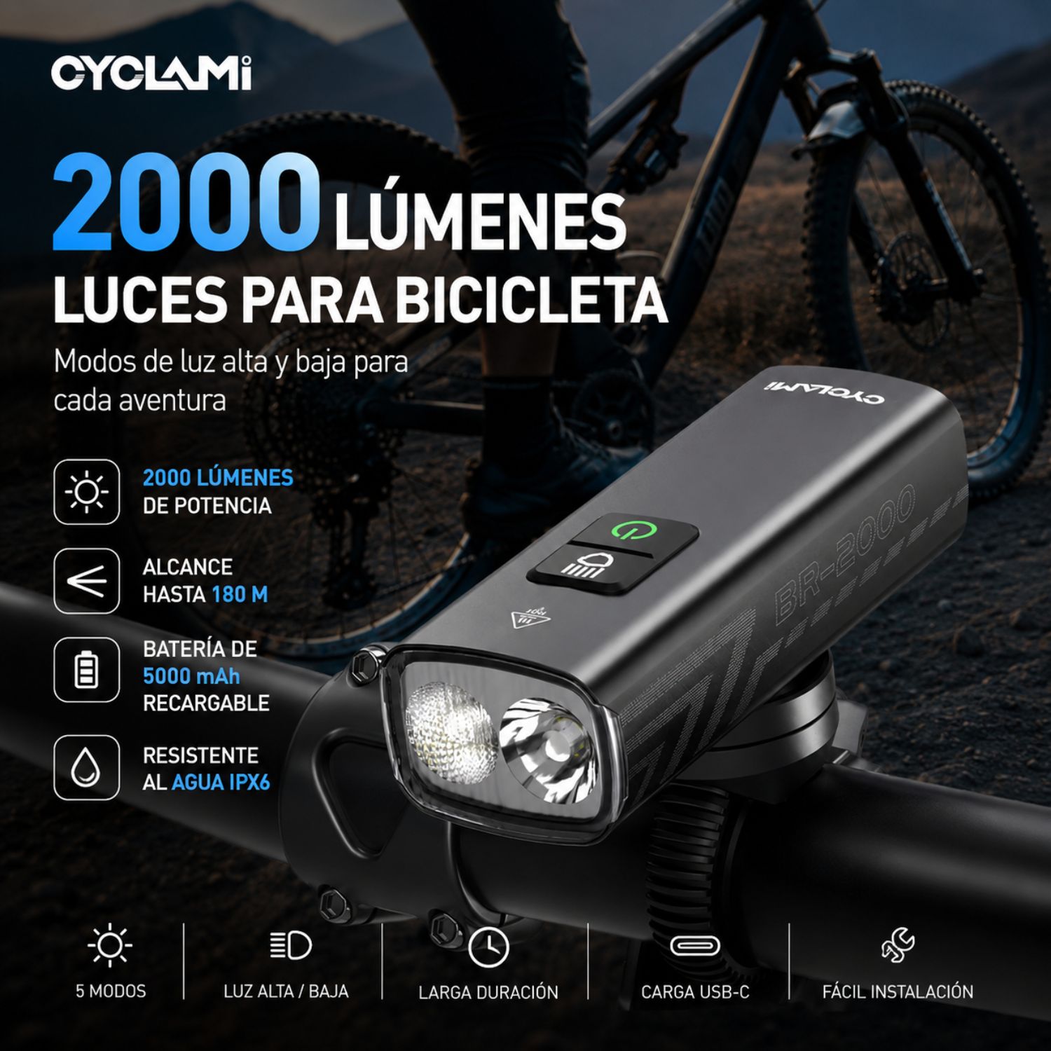LINTERNA DELANTERA PARA BICICLETA LED 2000 LÚMENES RECARGABLE USB TIPO C IPX6 5 MODOS - 2
