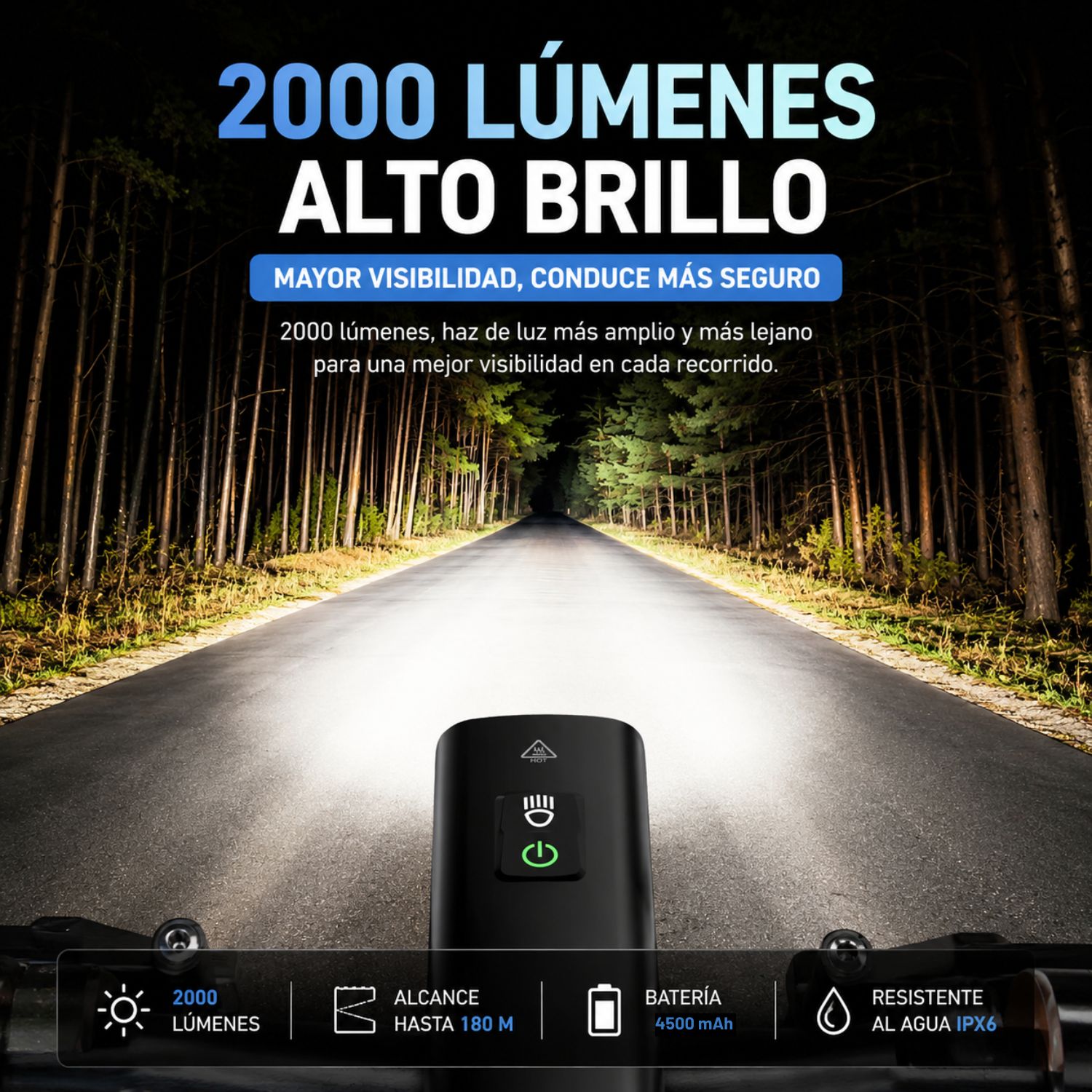 LINTERNA DELANTERA PARA BICICLETA LED 2000 LÚMENES RECARGABLE USB TIPO C IPX6 5 MODOS - 3