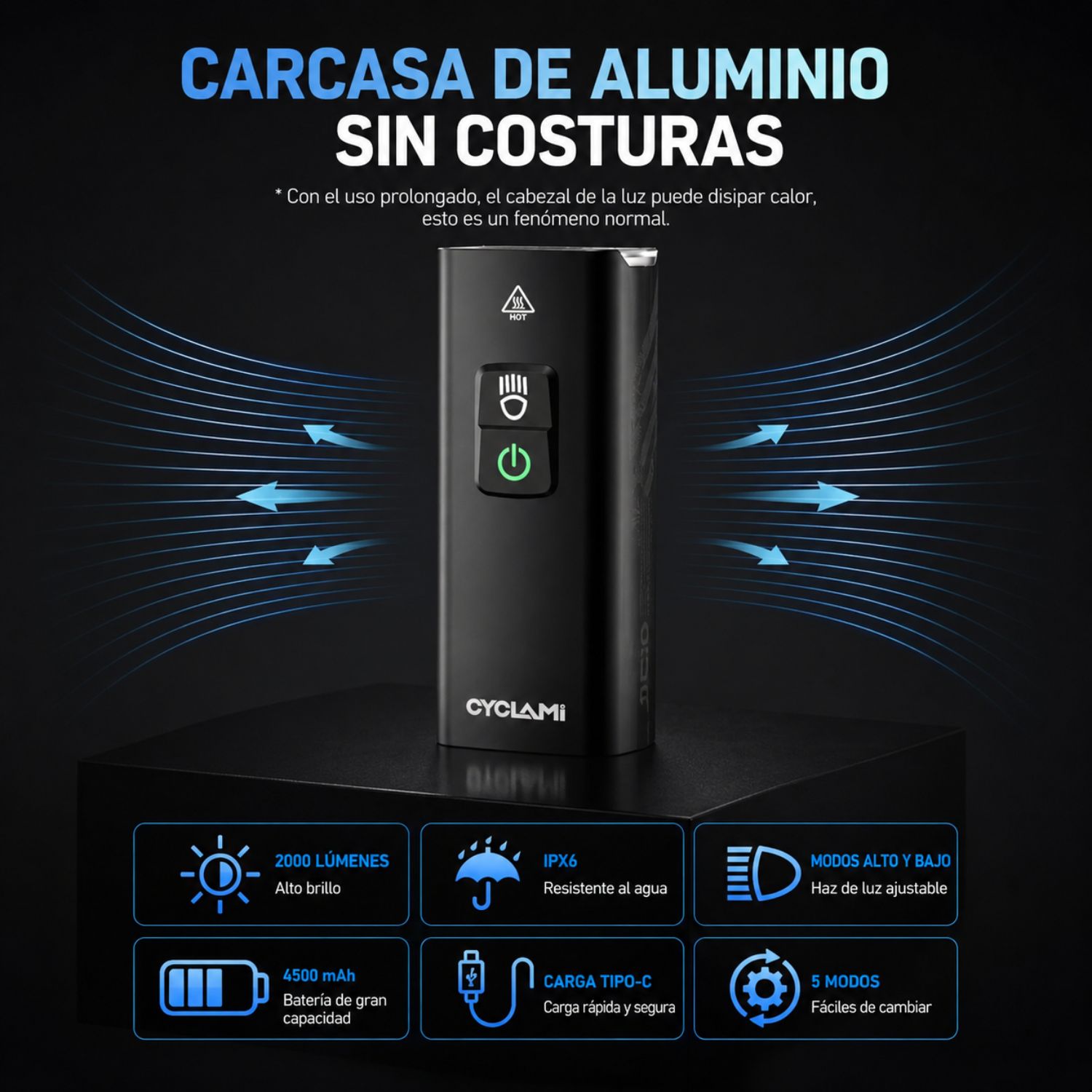 LINTERNA DELANTERA PARA BICICLETA LED 2000 LÚMENES RECARGABLE USB TIPO C IPX6 5 MODOS - 7