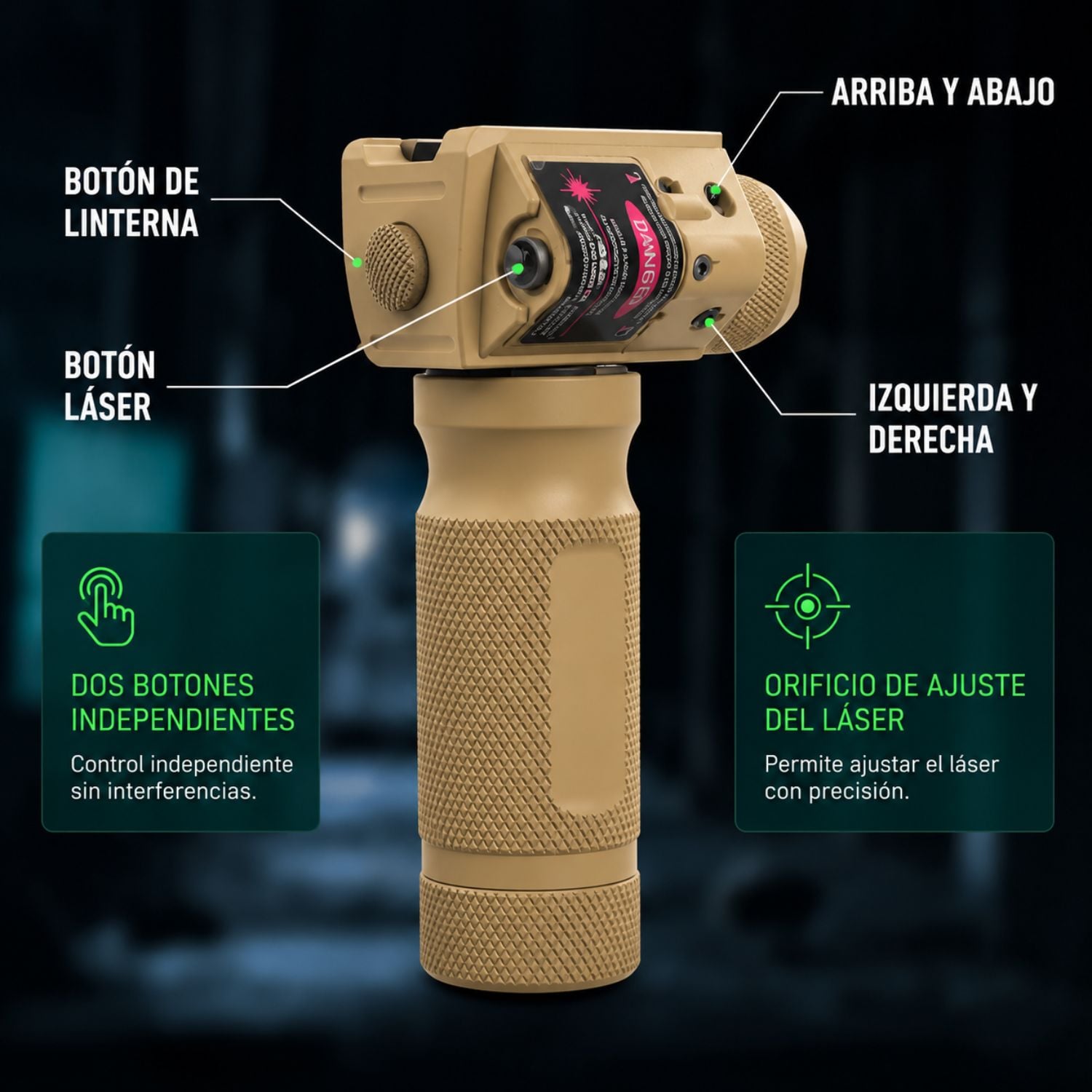 EMPUÑADURA VERTICAL TÁCTICA DE ALUMINIO 6061-T6 CON LINTERNA LED CREE Q5 250 LÚMENES Y LÁSER VERDE PARA RIEL PICATINNY - 2