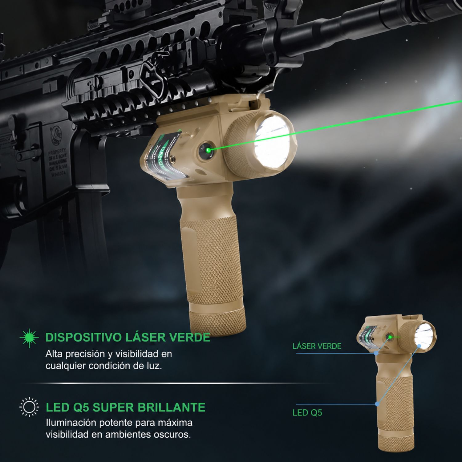 EMPUÑADURA VERTICAL TÁCTICA DE ALUMINIO 6061-T6 CON LINTERNA LED CREE Q5 250 LÚMENES Y LÁSER VERDE PARA RIEL PICATINNY - 3