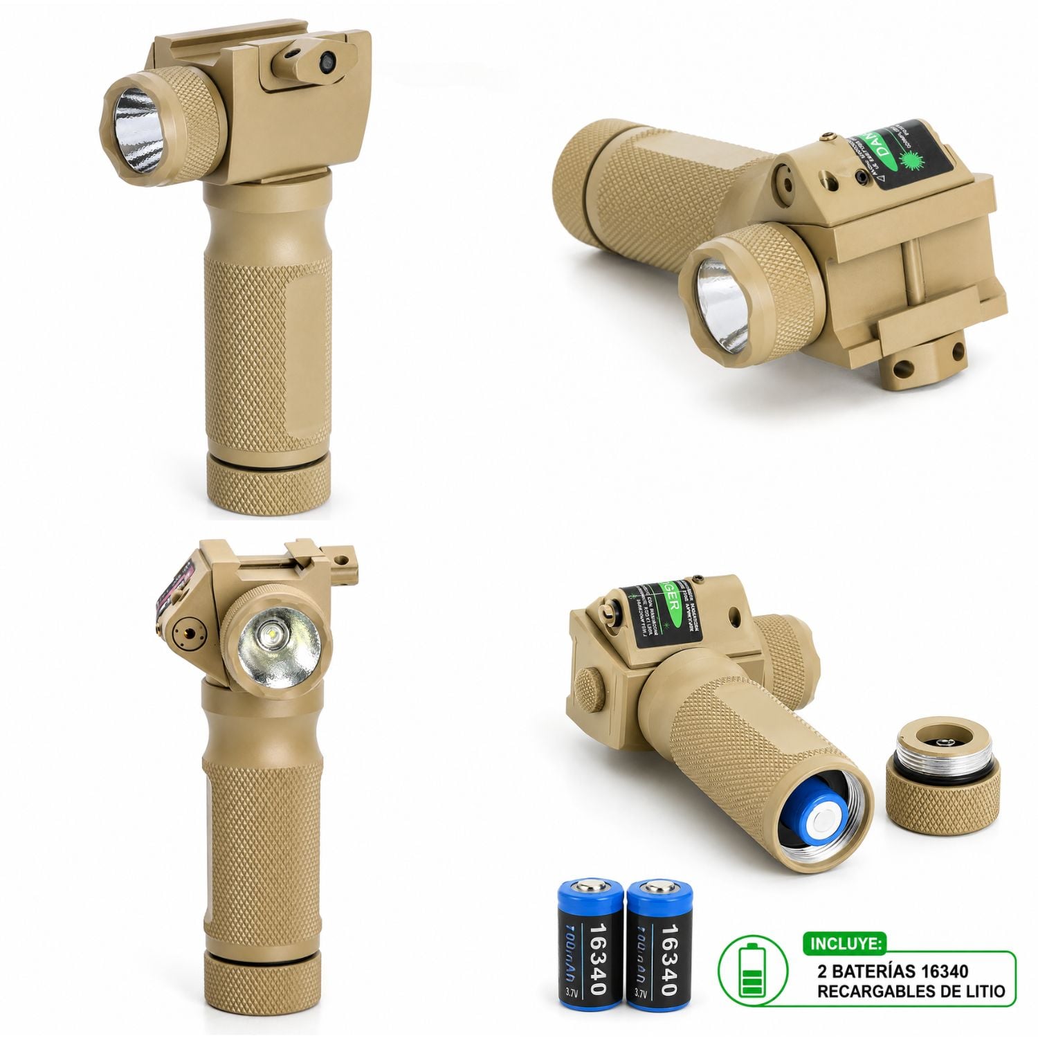 EMPUÑADURA VERTICAL TÁCTICA DE ALUMINIO 6061-T6 CON LINTERNA LED CREE Q5 250 LÚMENES Y LÁSER VERDE PARA RIEL PICATINNY - 5