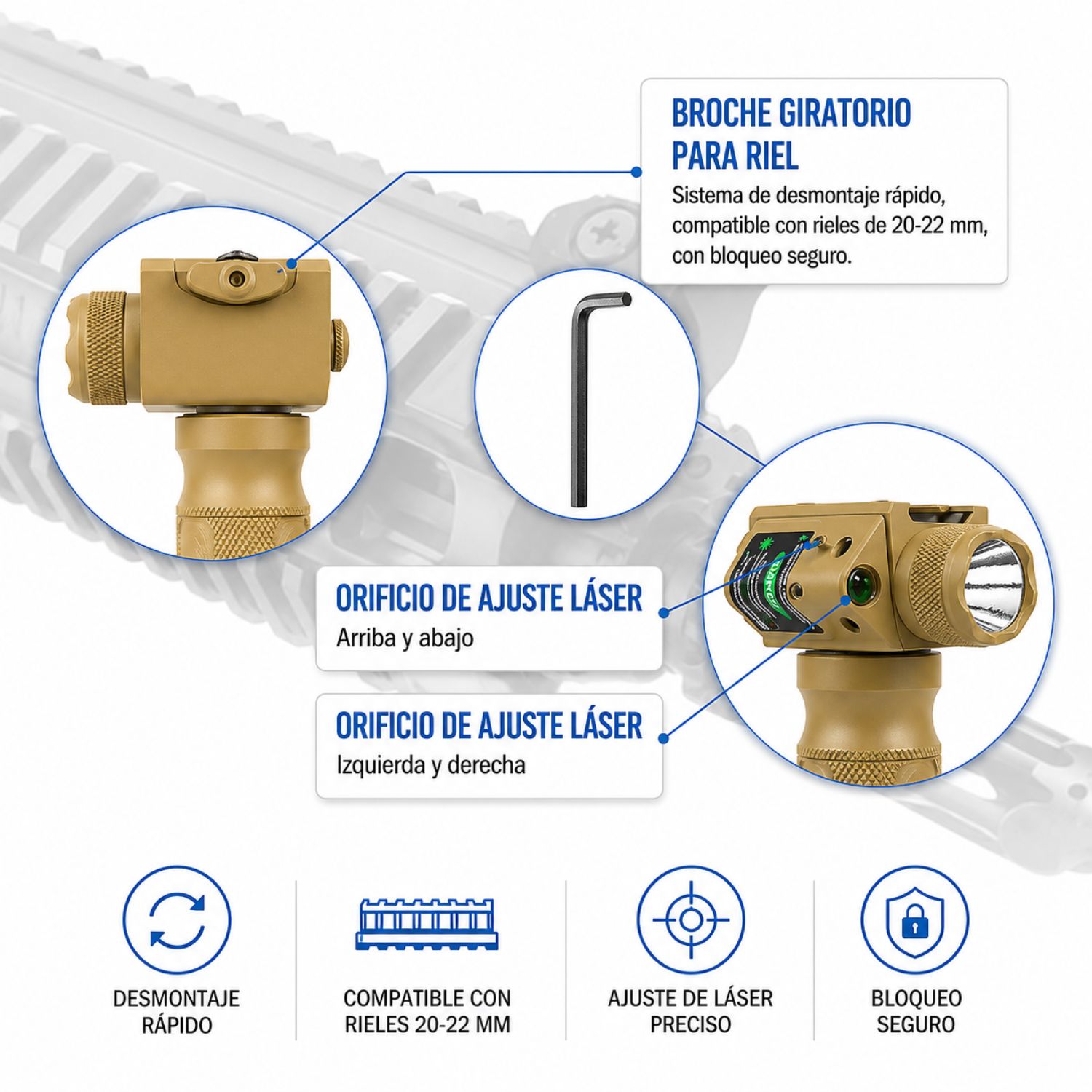 EMPUÑADURA VERTICAL TÁCTICA DE ALUMINIO 6061-T6 CON LINTERNA LED CREE Q5 250 LÚMENES Y LÁSER VERDE PARA RIEL PICATINNY - 6