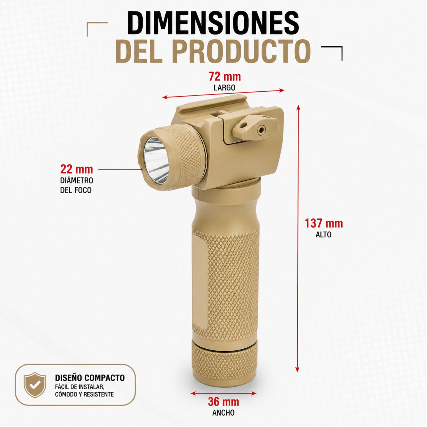 EMPUÑADURA VERTICAL TÁCTICA DE ALUMINIO 6061-T6 CON LINTERNA LED CREE Q5 250 LÚMENES Y LÁSER VERDE PARA RIEL PICATINNY - 7