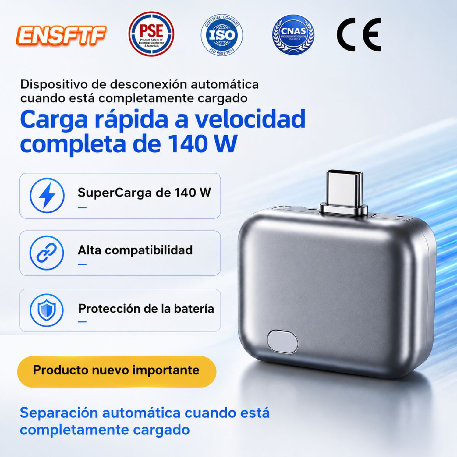 ADAPTADOR USB C INTELIGENTE 140W PD 3.1 CON DESCONEXIÓN AUTOMÁTICA COMPATIBLE CON LAPTOP CELULAR TABLET - 2